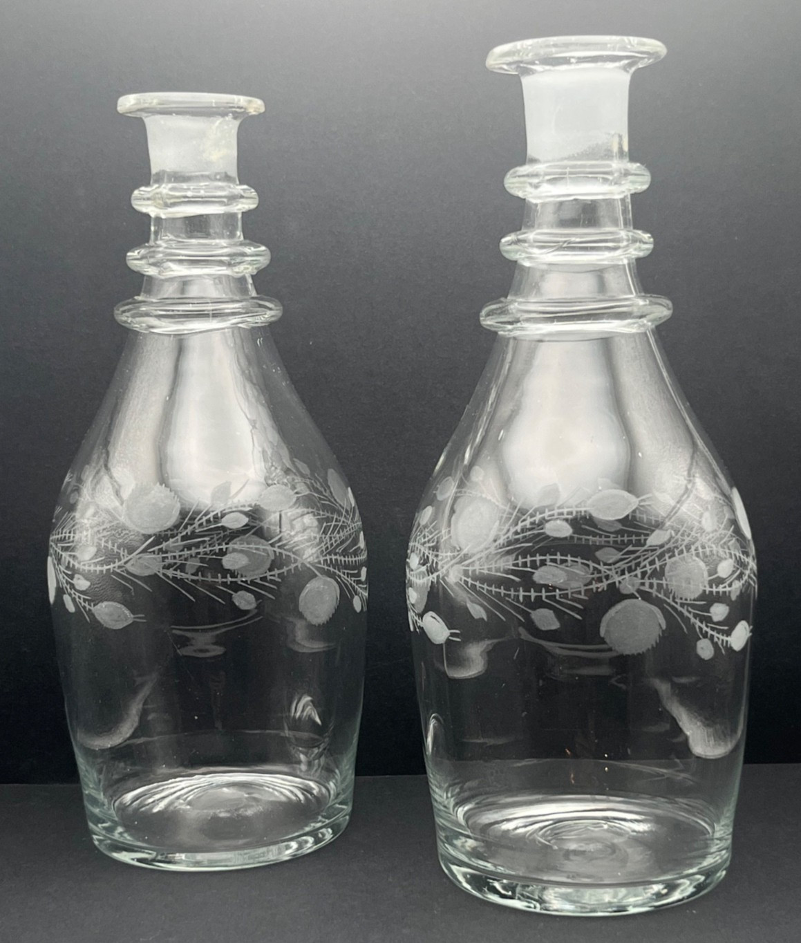 Antique Early American Mouth Blown 3 Ringed Etched Floral Glass Wine Decanters