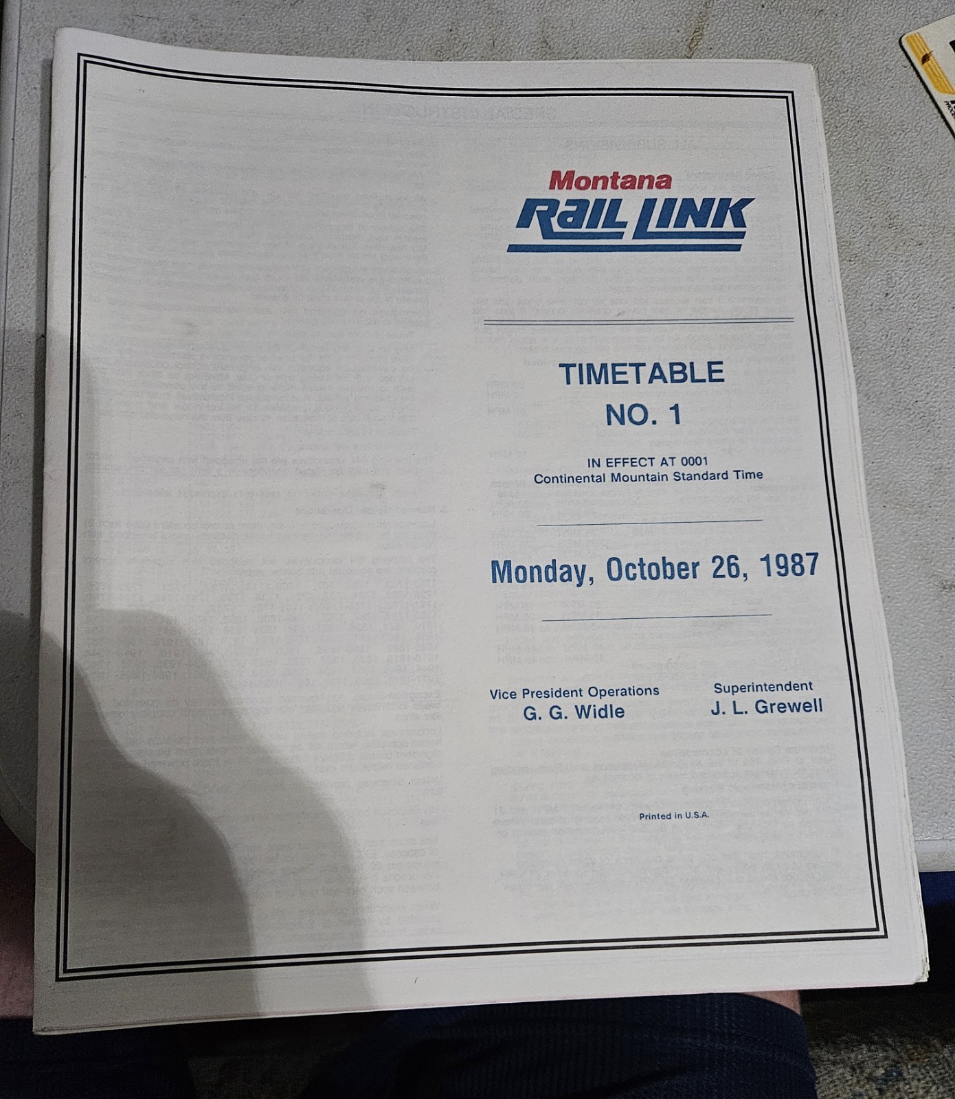 Montana Rail Link Timetable No 1 (10/26/1987)(Used) Montana Rail Link Timetable No 1 (10/26/1987)(Used)