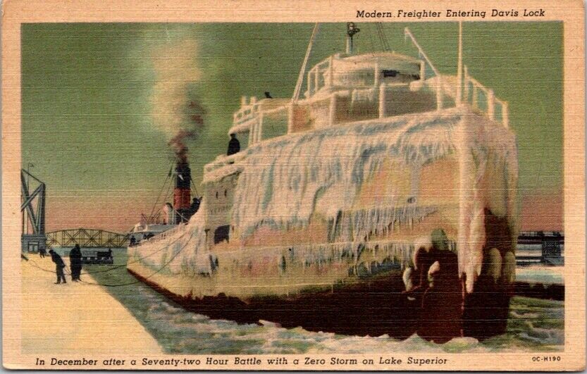 Postcard Iced Ship Freighter Davis Lock Sault Ste. Marie  Michigan MI 1954  R605