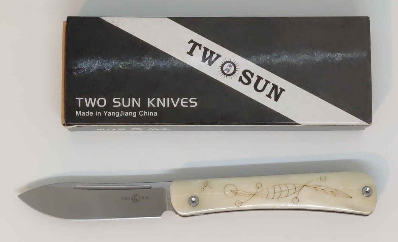 TWOSUN FOLDING KNIFE TITANIUM/BONE HANDLE M390 PLAIN EDGE TS197-M390