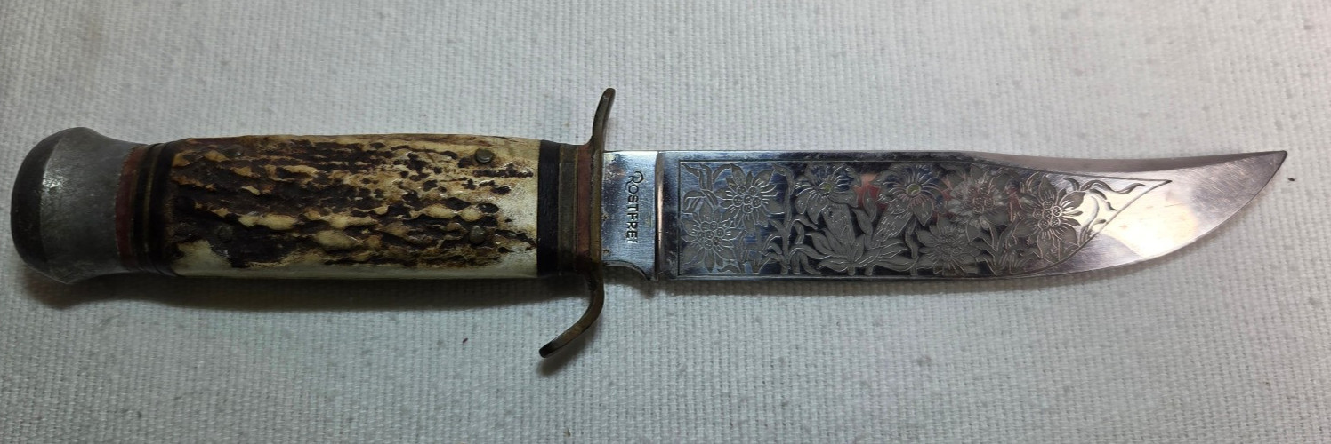 Vintage Puma Solingen Rostfrei Stag Handle Hunting Knife w Floral Scene Etching