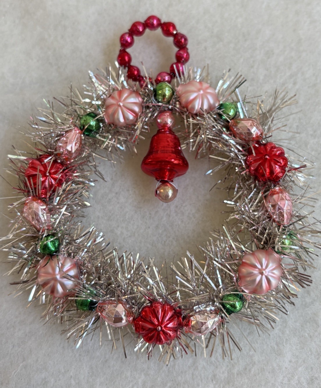 Lovely Vintage 4” Tinsel Christmas Wreath Ornament ~ Mercury Glass Beads (425) Lovely Vintage 4” Tinsel Christmas Wreath Ornament ~ Mercury Glass Beads (425)
