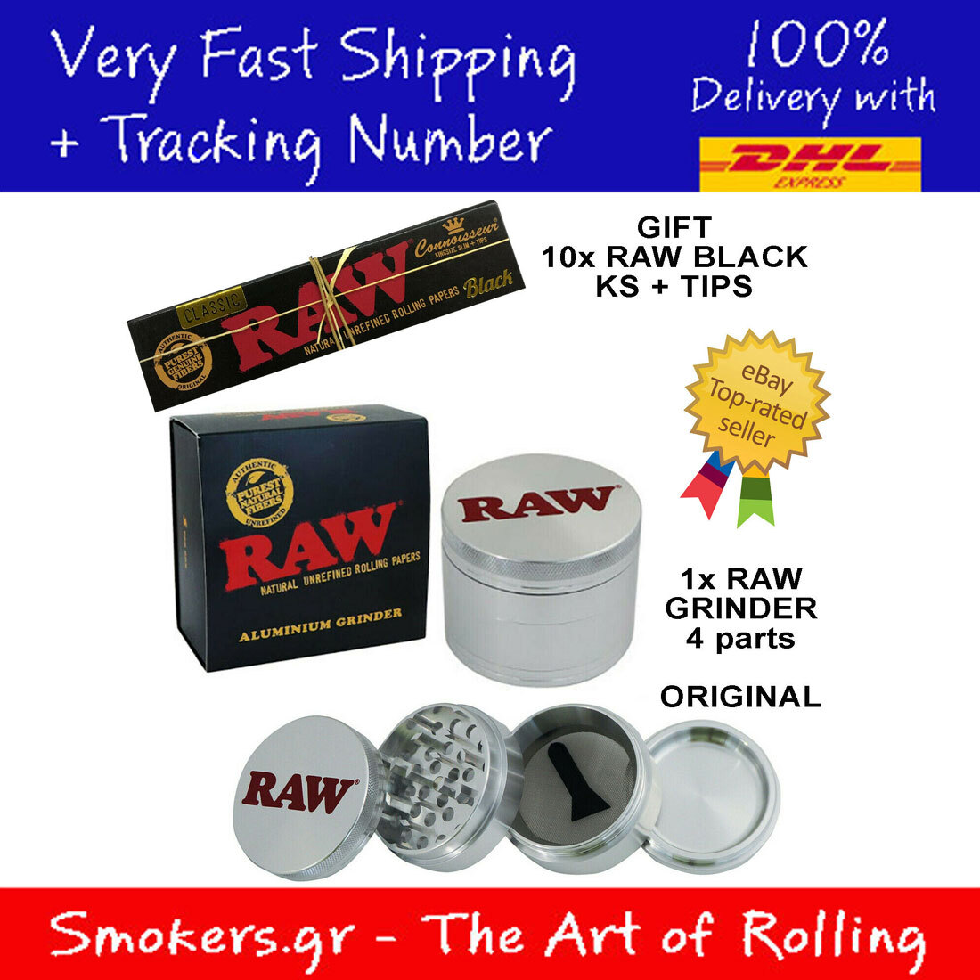 1x Original RAW Grinder Aluminium 4 parts + Giftbox + 10x RAW BLACK KS + TIPS 1x Original RAW Grinder Aluminium 4 parts + Giftbox + 10x RAW BLACK KS + TIPS