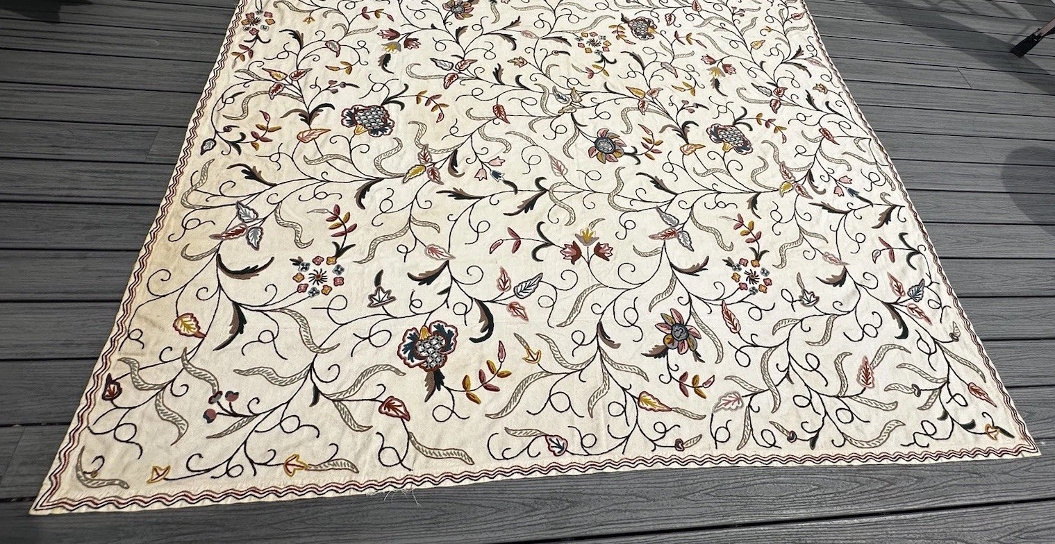 Vintage Kashmir India Wool Crewel Bedspread Coverlet 99”x 83” Hand Embroidered Vintage Kashmir India Wool Crewel Bedspread Coverlet 99”x 83” Hand Embroidered