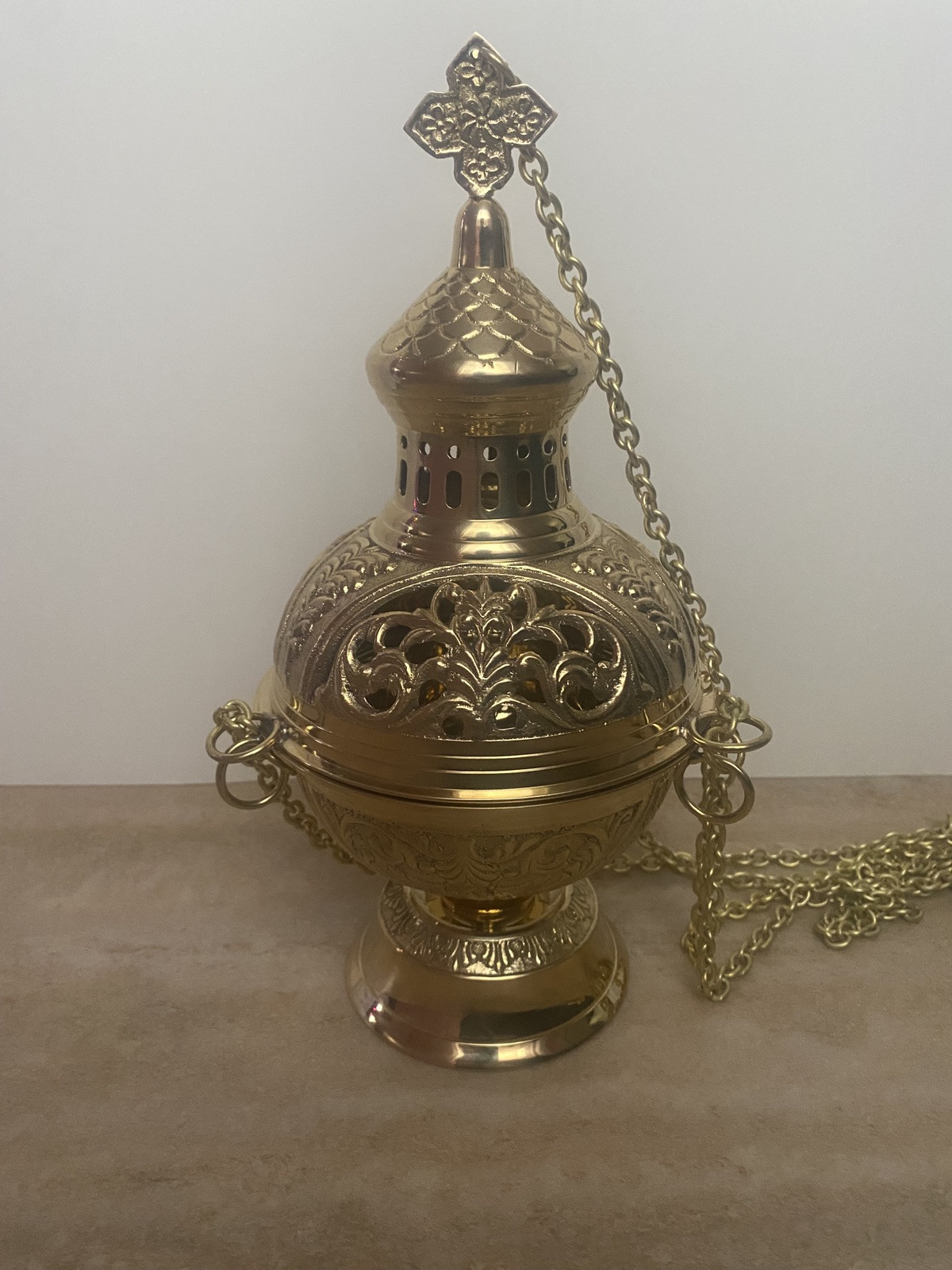 Traditional Triple Chain Brass Church Censer, Thurible w/Liner, Catholic Church Traditional Triple Chain Brass Church Censer, Thurible w/Liner, Catholic Church