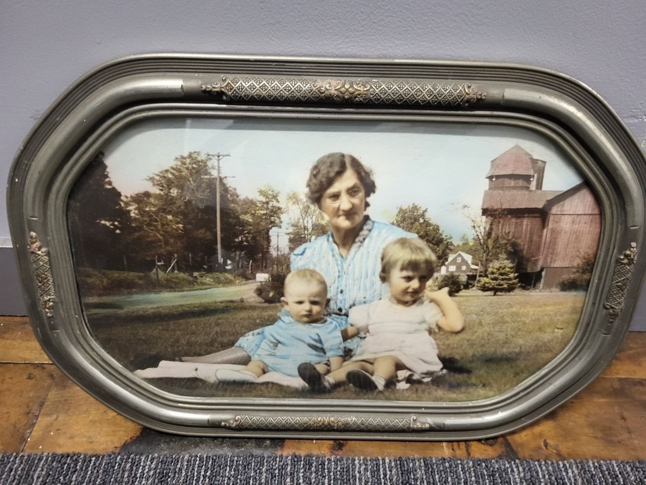 Antique 1940s Family Photo Photograph Woman and 2 children framed Antique 1940s Family Photo Photograph Woman and 2 children framed