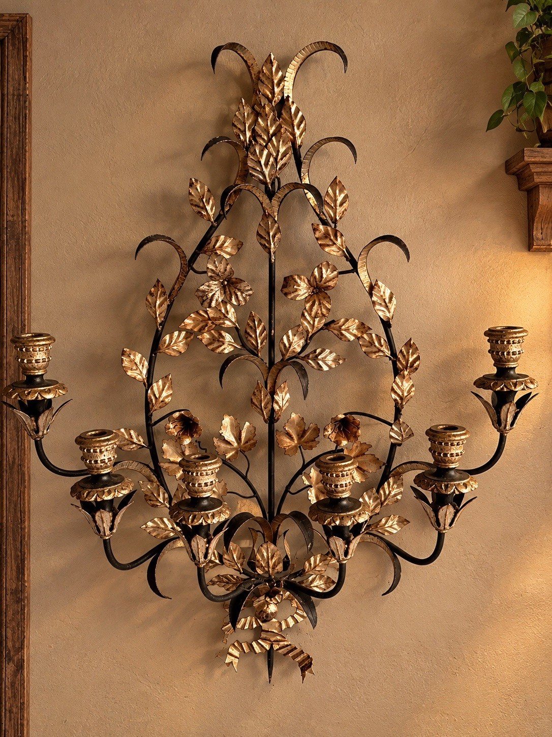 Antique Italian Gilt Tole Floral Wall Sconce Candelabra