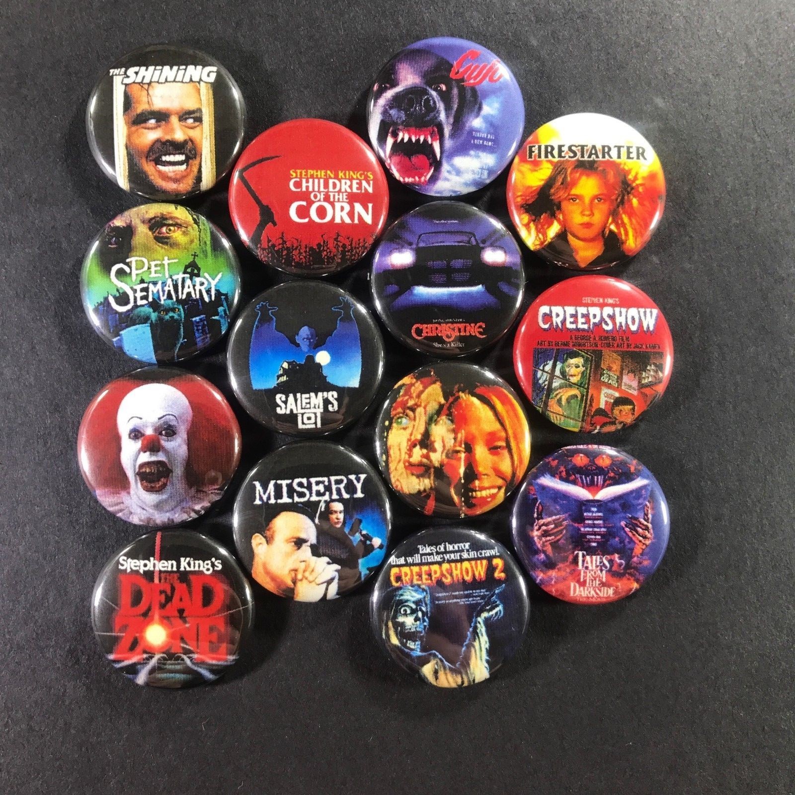 Stephen King Movies 1" Button Pin Set Horror Classic Shining Pet Sematary It Stephen King Movies 1" Button Pin Set Horror Classic Shining Pet Sematary It