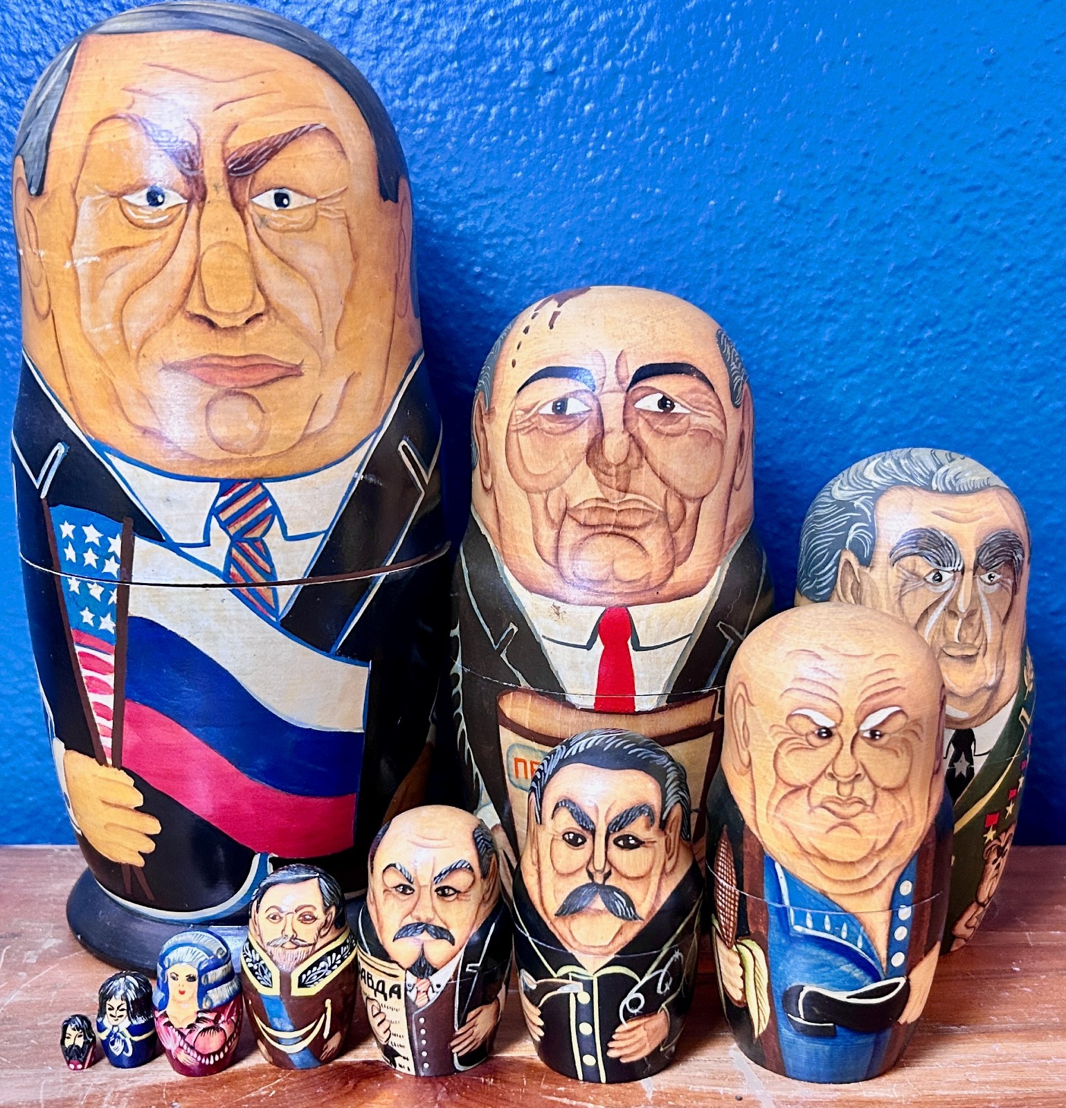 Vintage Russian Nesting Dolls 10 Pc Political Leaders Yeltsin USSR 10" Matryoshk