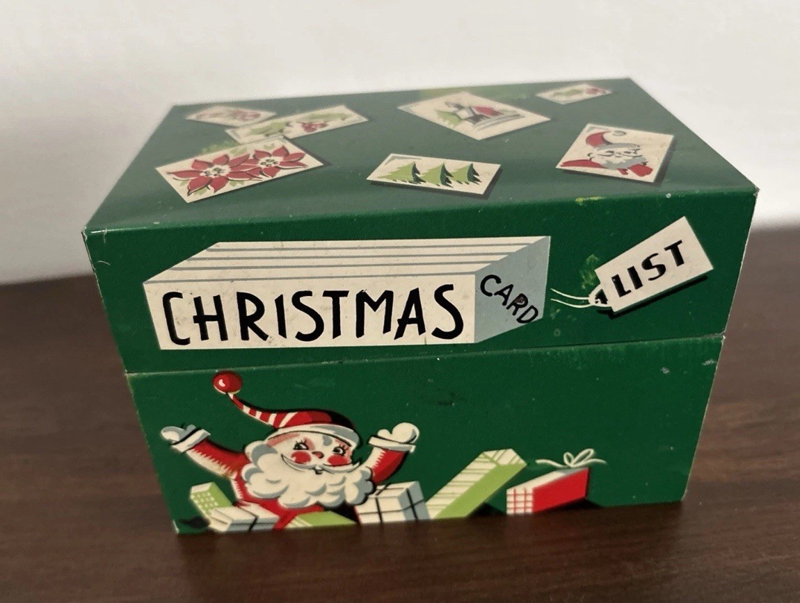 Vintage Mayfair Santa Christmas Card List Recipe File Box Tin Litho Metal 1950s Vintage Mayfair Santa Christmas Card List Recipe File Box Tin Litho Metal 1950s