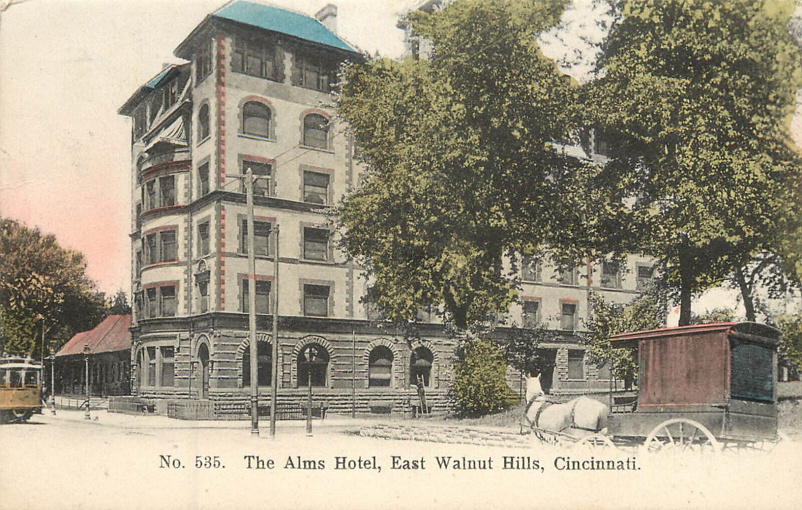 Hand Colored Postcard The Alms Hotel Walnut Hills Cincinnati OH 535 Horse Buggy