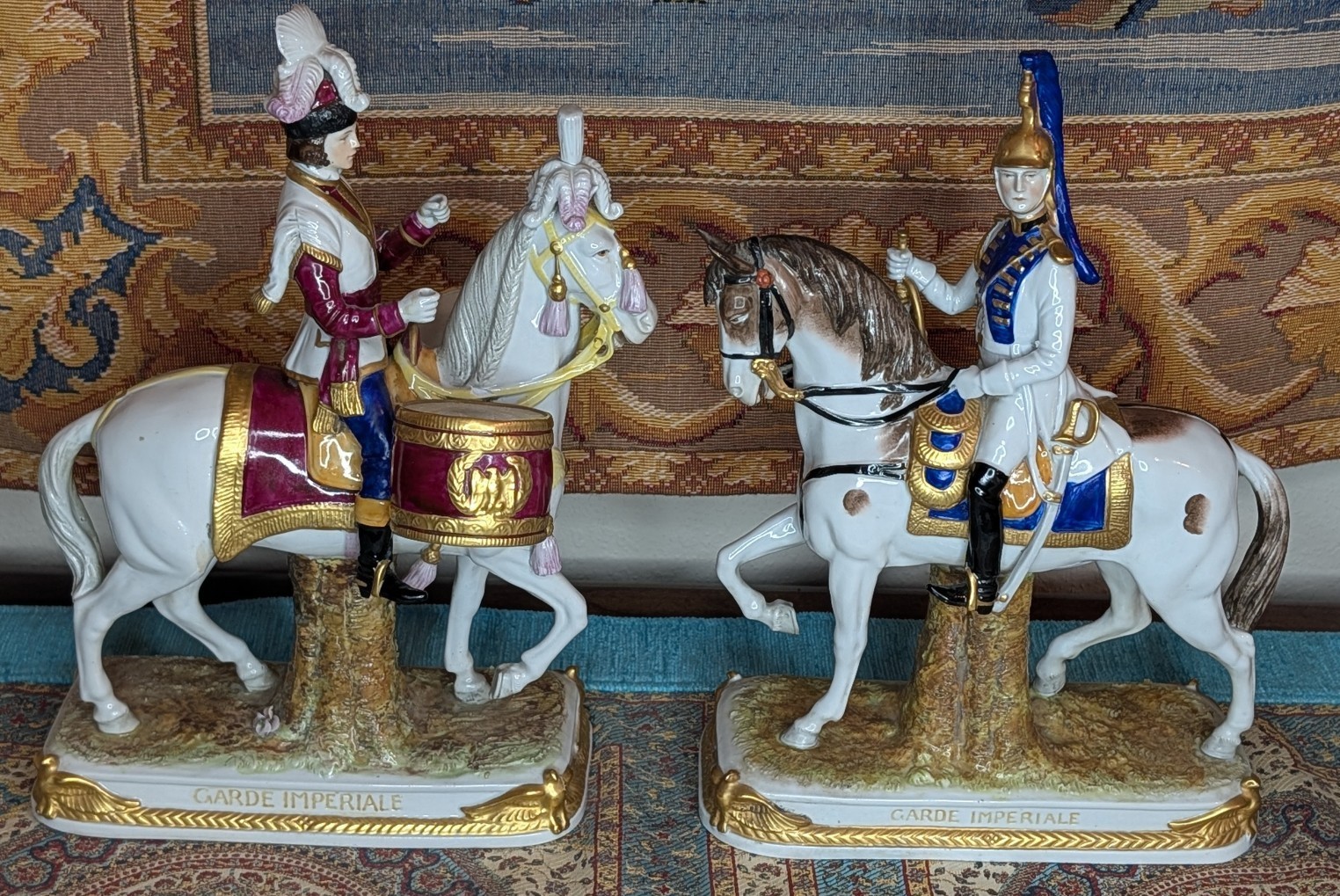Two Vtg German Scheibe Alsbach Porcelain Napoleon Guard Imperial Horse Statues Two Vtg German Scheibe Alsbach Porcelain Napoleon Guard Imperial Horse Statues