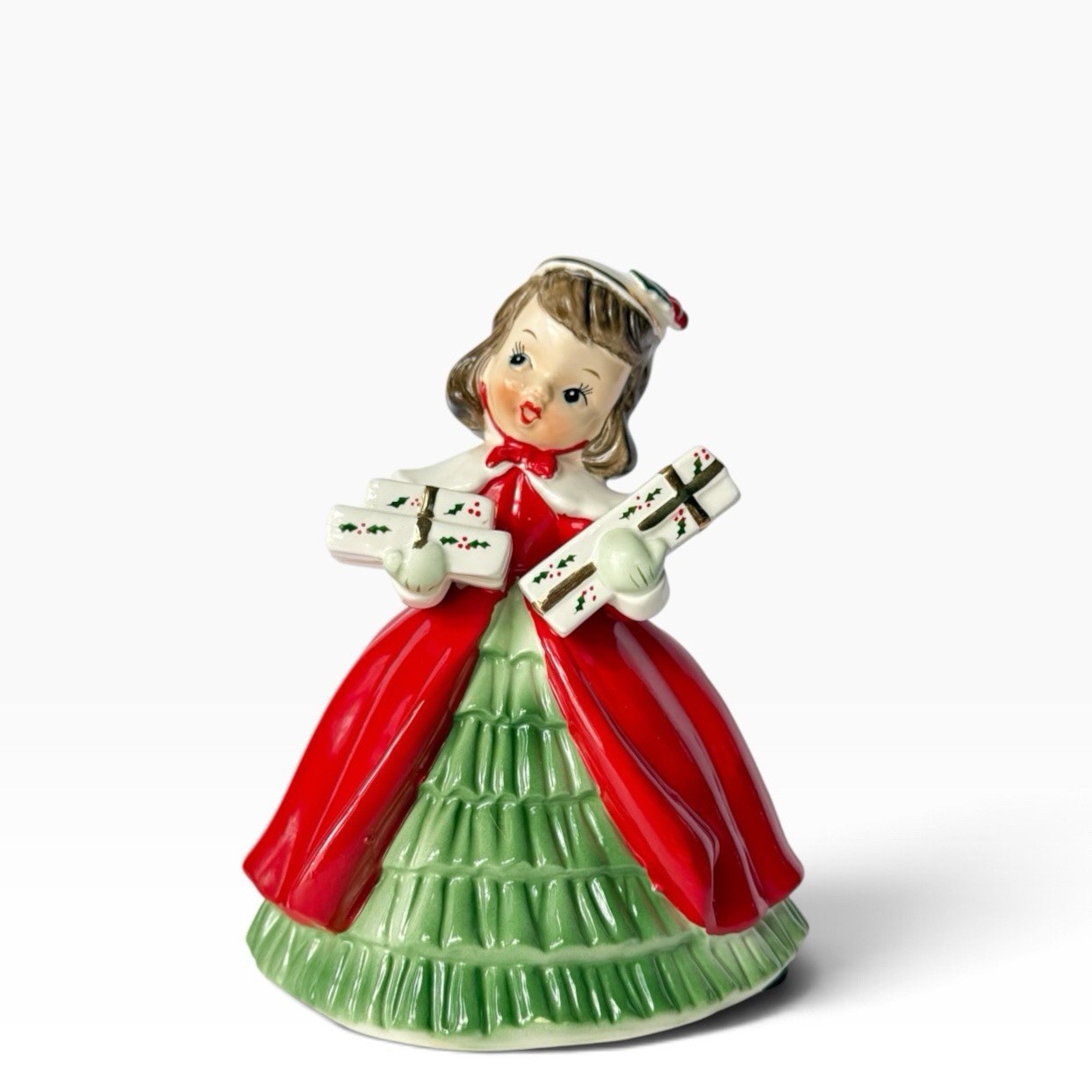 Vintage 1956 Napco Christmas Girl with Presents Planter Figurine Foil Label Vintage 1956 Napco Christmas Girl with Presents Planter Figurine Foil Label
