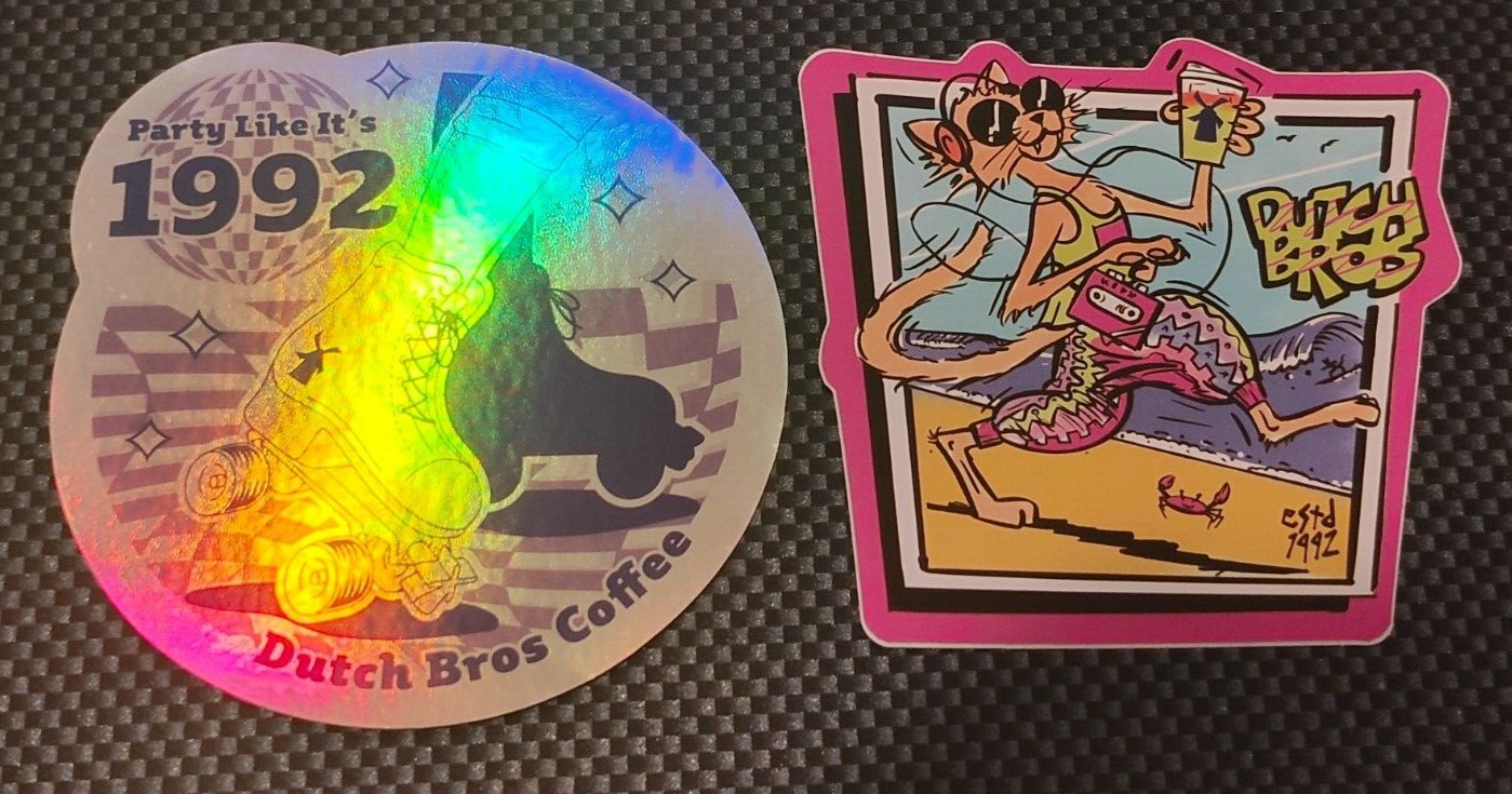 2 Dutch Bros Coffee Party Like It's 1992 Pink Retro Beach Cheetah Sticker New 2 Dutch Bros Coffee Party Like It's 1992 Pink Retro Beach Cheetah Sticker New