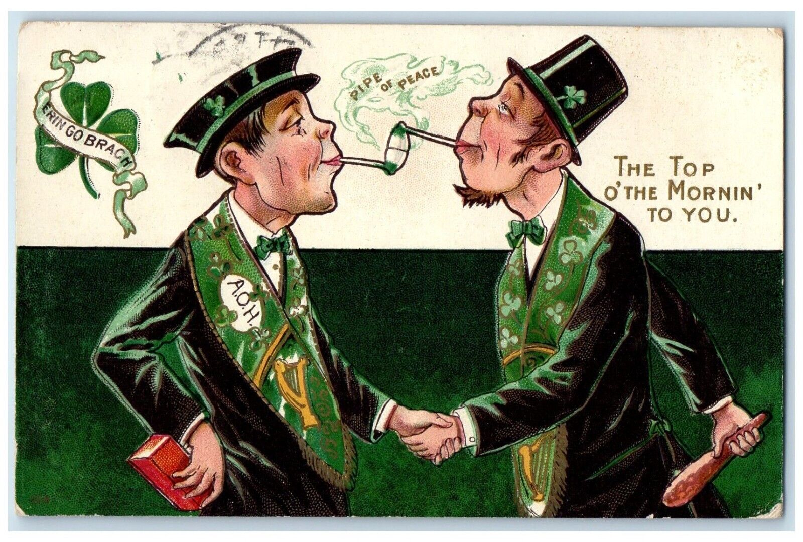 1908 St. Patrick's Day Man Pipe Of Peace Smoke Emmitsburg MD Antique Postcard