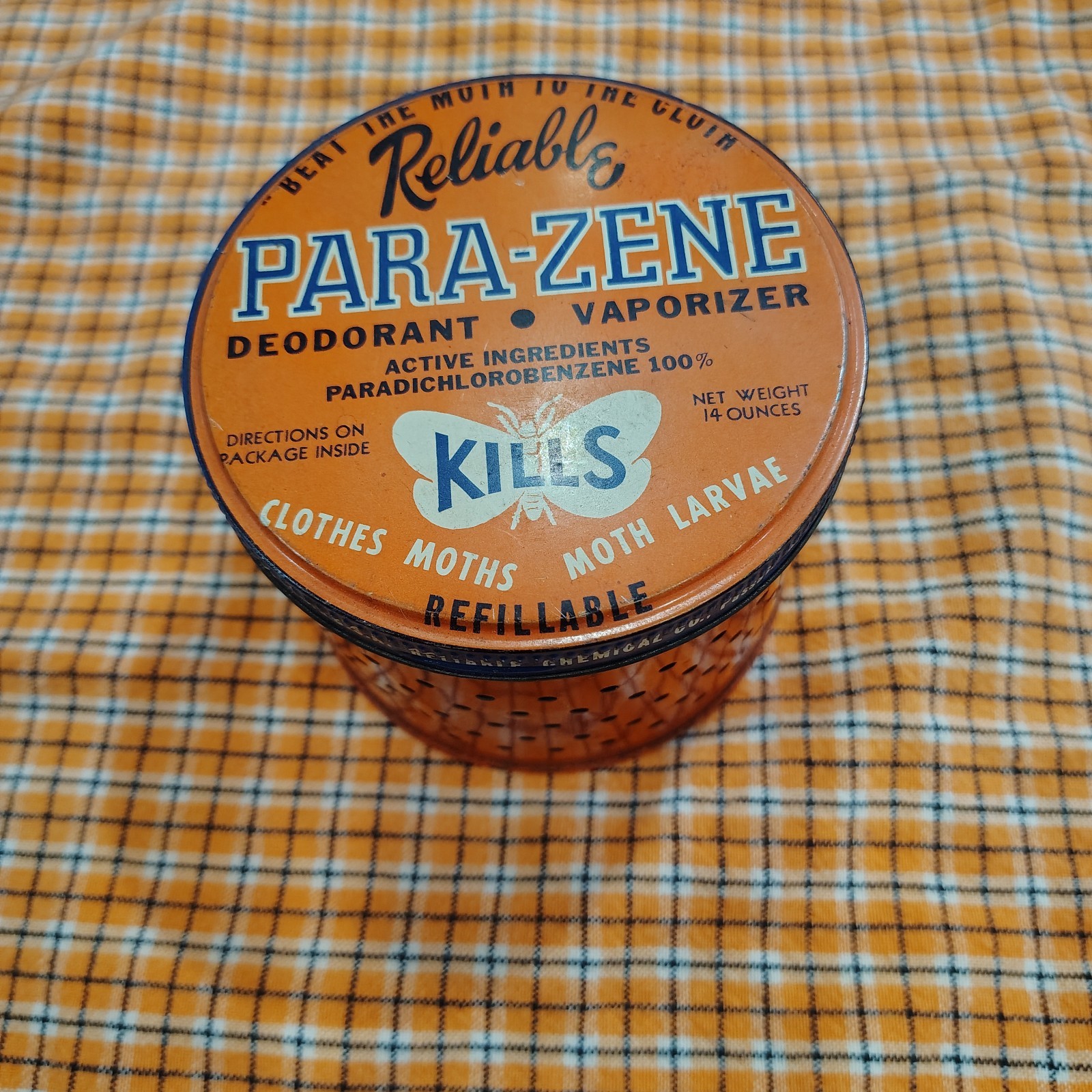 Vintage Reliable Para- zene orange moth tin  empty Halloween decor