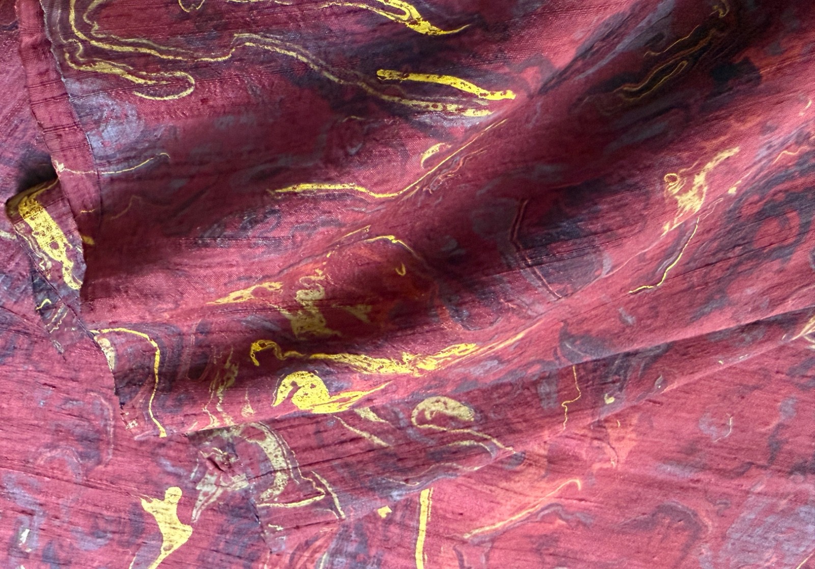 Vintage Asian Painted Handwoven Burgundy Silk Yardage NWOT B356 Vintage Asian Painted Handwoven Burgundy Silk Yardage NWOT B356