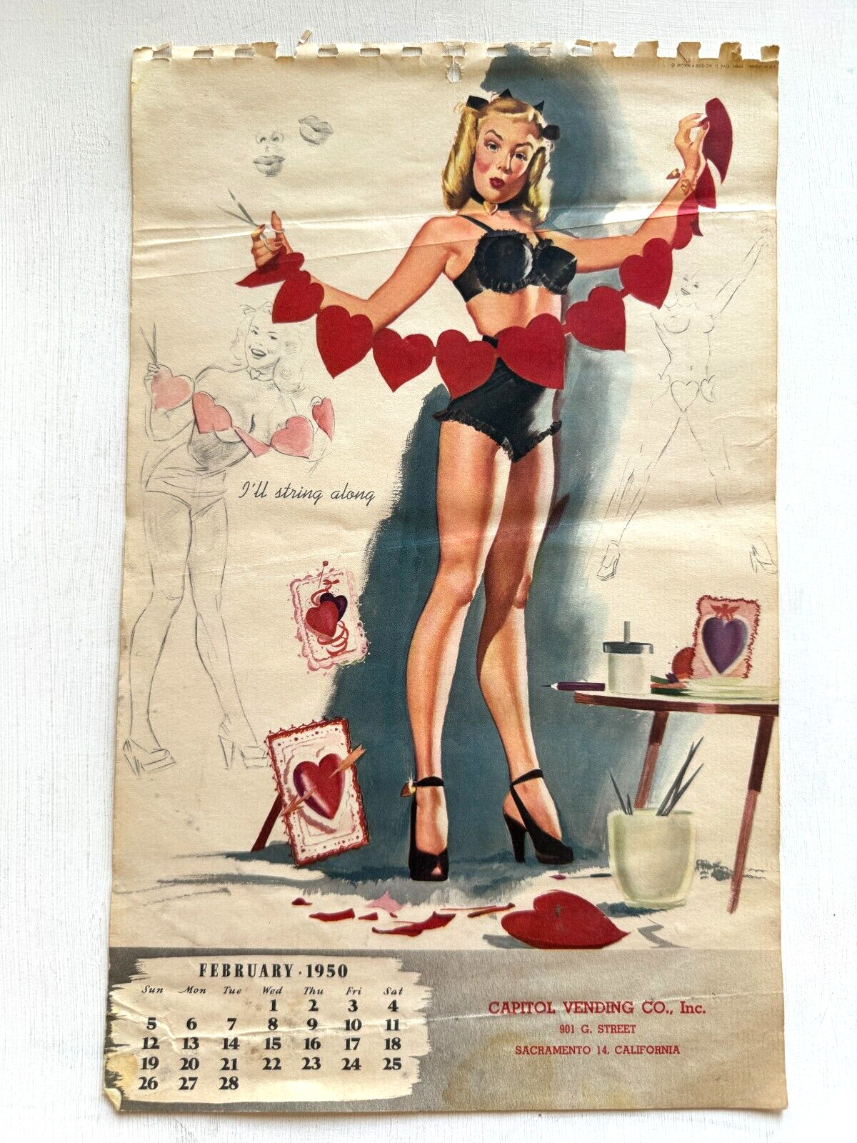 February 1950 Pinup Girl Calendar Page by Elliott- Valentine\'s Day