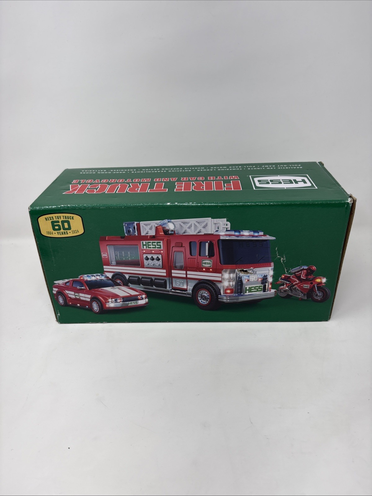 Hess 2024 Fire Truck w/ Car & Motorcycle Rescue Vehicles Set 60th Anniv Box Hess 2024 Fire Truck w/ Car & Motorcycle Rescue Vehicles Set 60th Anniv Box