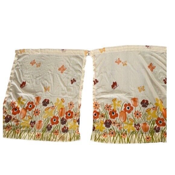 Vintage 60s 70s Curtains Retro Orange Brown Floral 30x25 Butterfly