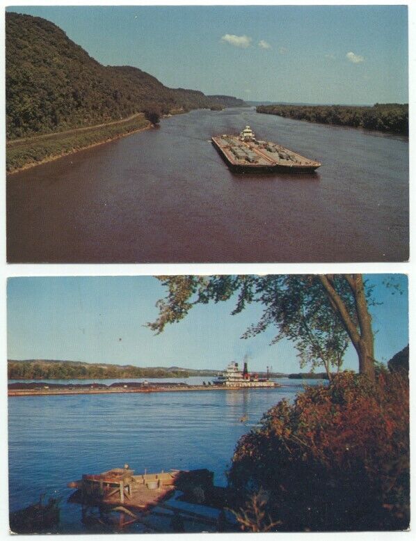 Mississippi River Barge Ship Boat Traffic Lot of 2 Vintage Postcards
