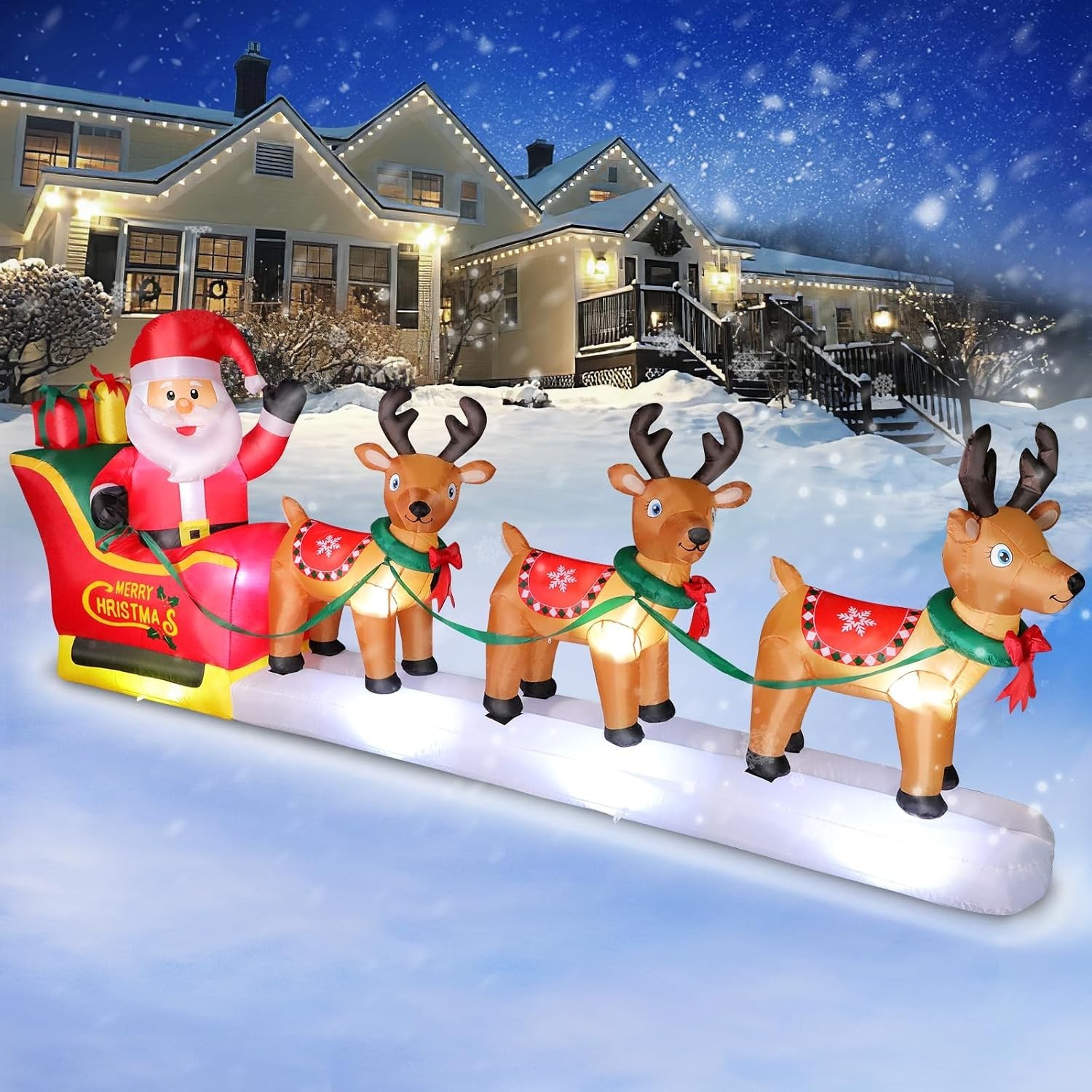 12 FT Christmas Inflatables Santa Claus on Sleigh with 3 Reindeers, Blow up Outd 12 FT Christmas Inflatables Santa Claus on Sleigh with 3 Reindeers, Blow up Outd