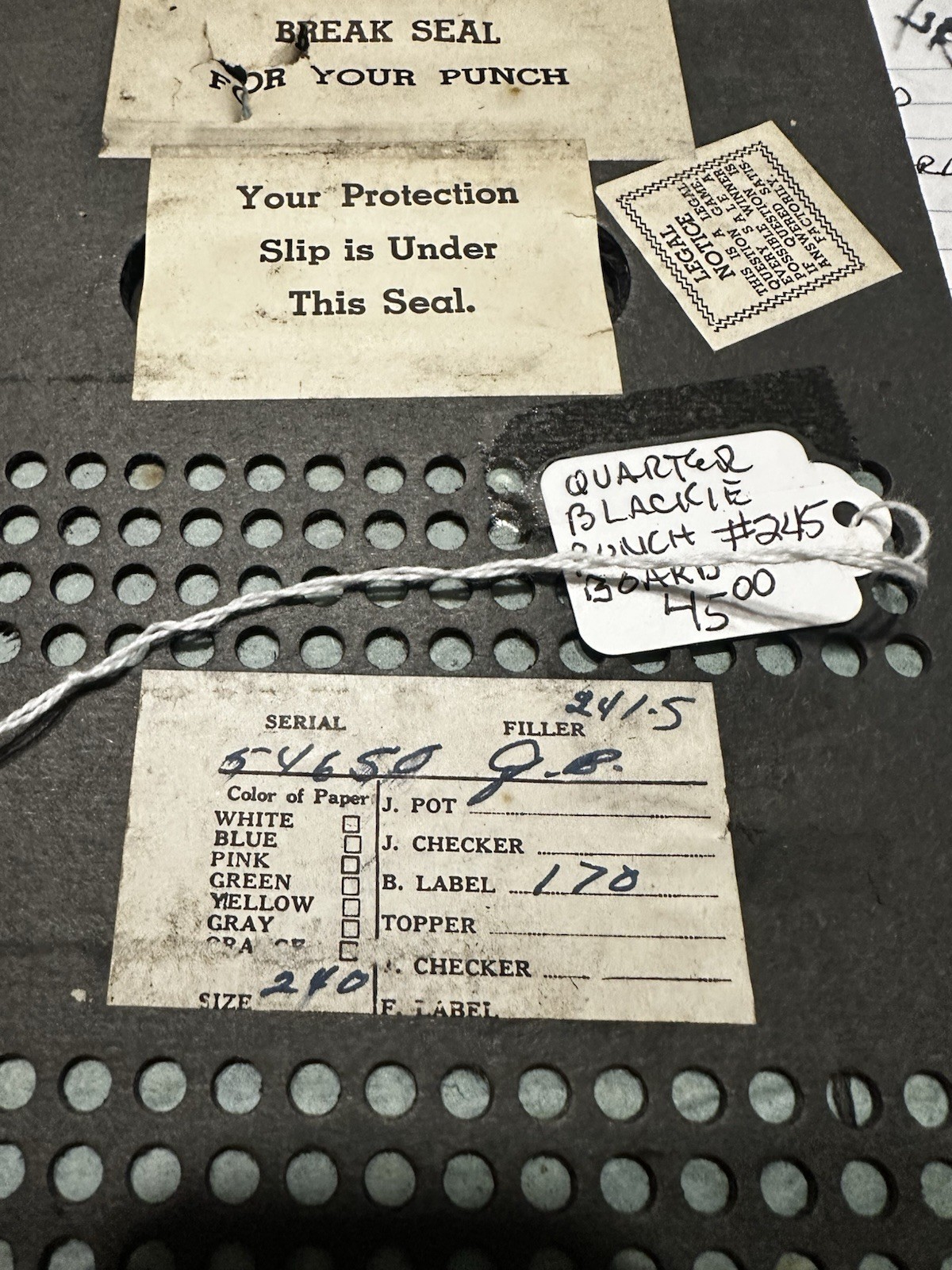 Vintage Player Piano Roll Paper Quarter Blackie Punchboard w/ Seal, Serial 6450 Vintage Player Piano Roll Paper Quarter Blackie Punchboard w/ Seal, Serial 6450