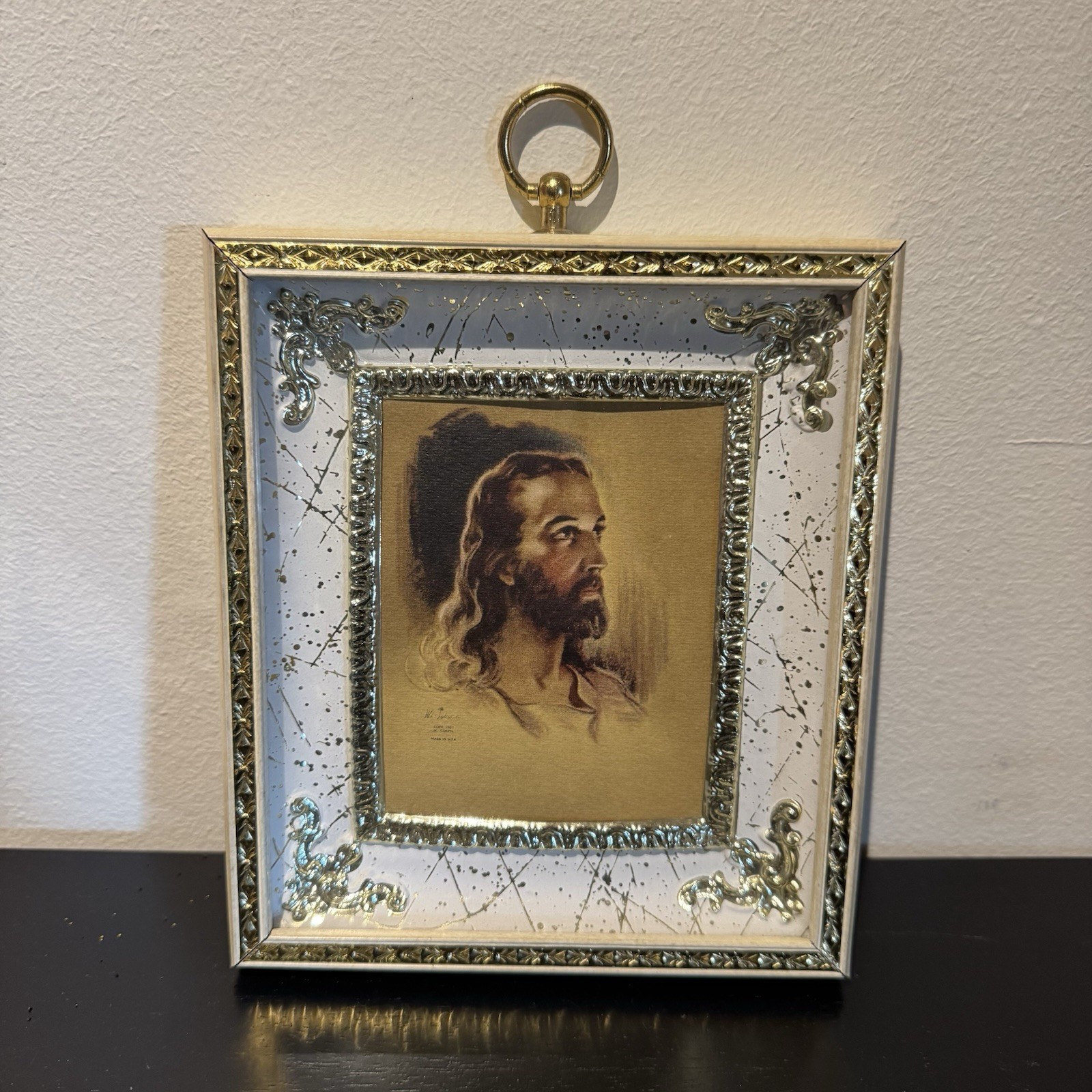 Vintage Jesus Christ Religious Portrait Print Gold Tone Raised Frame 7.5” USA
