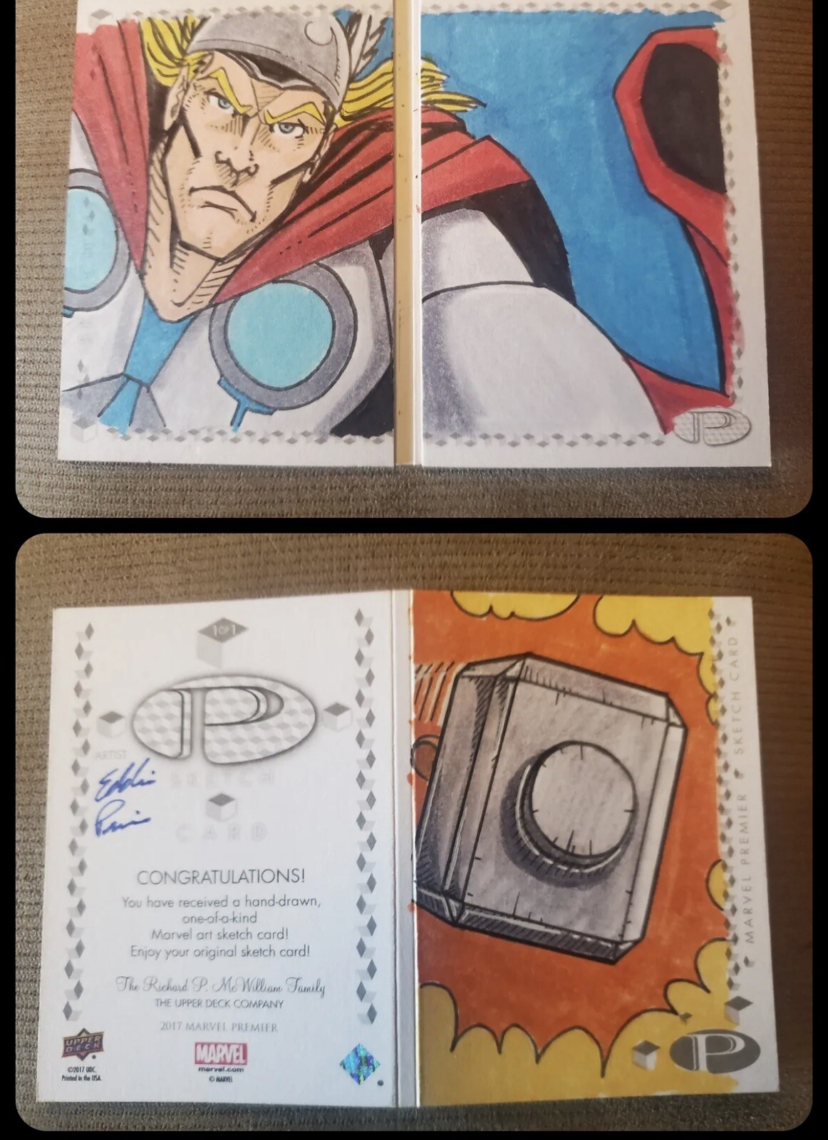 THOR AND MJOLNIR 2017 UPPER DECK MARVEL PREMIER 2 PANEL SKETCH CARD RARE 1/1
