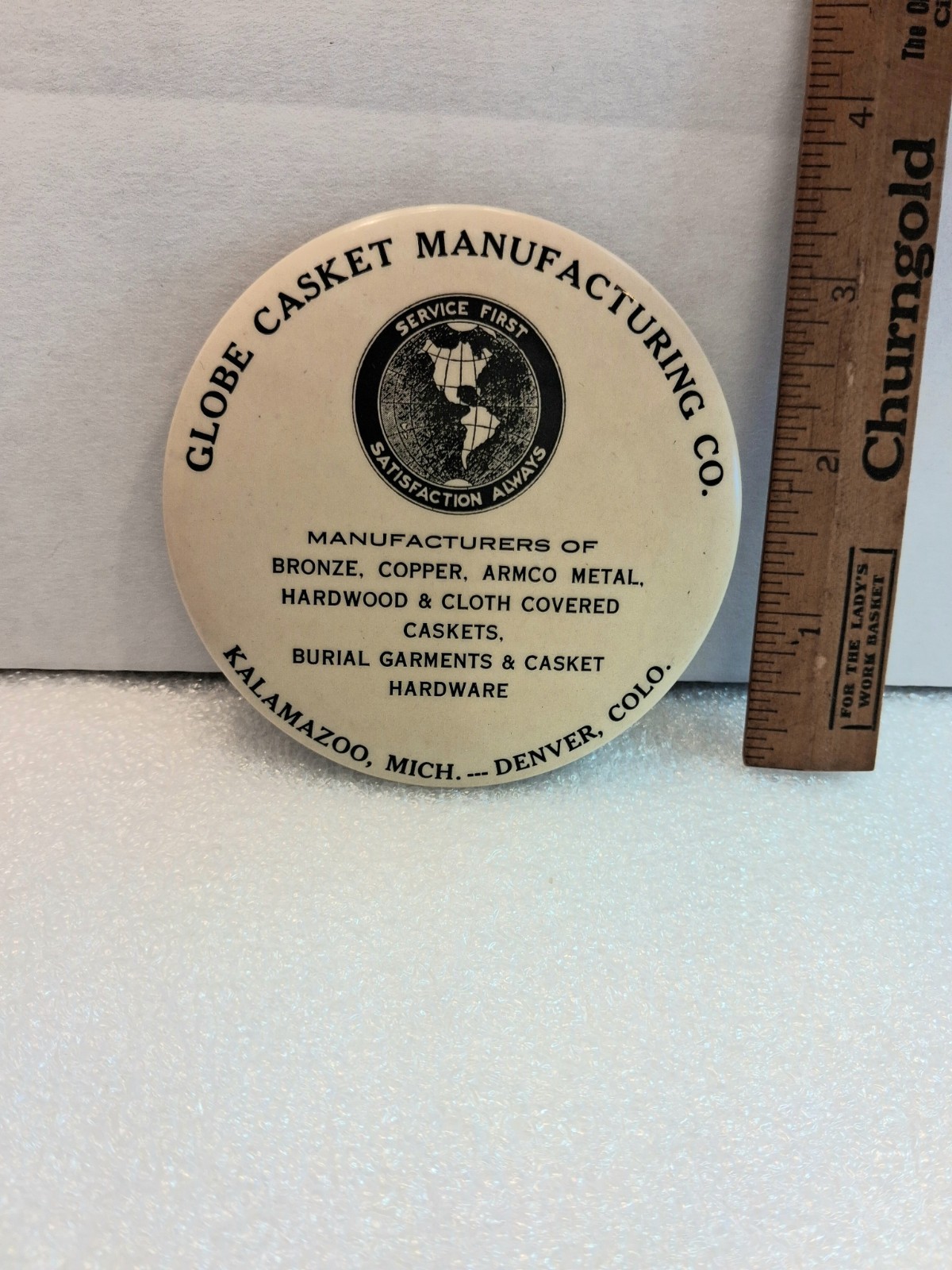 Vtg Globe Casket Mfg Co. Adv Celluloid Pocket Mirror Kalamazoo MI Denver CO Rare Vtg Globe Casket Mfg Co. Adv Celluloid Pocket Mirror Kalamazoo MI Denver CO Rare