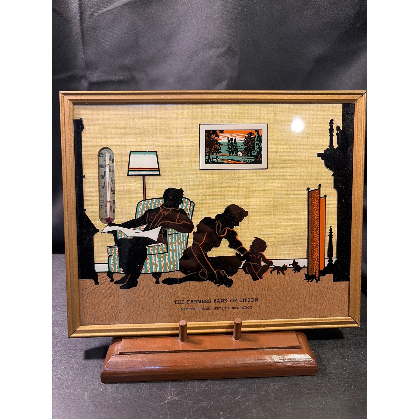 Vintage Farmers Bank of Tifton Reverse Glass Silhouette Art Thermometer Frame Vintage Farmers Bank of Tifton Reverse Glass Silhouette Art Thermometer Frame