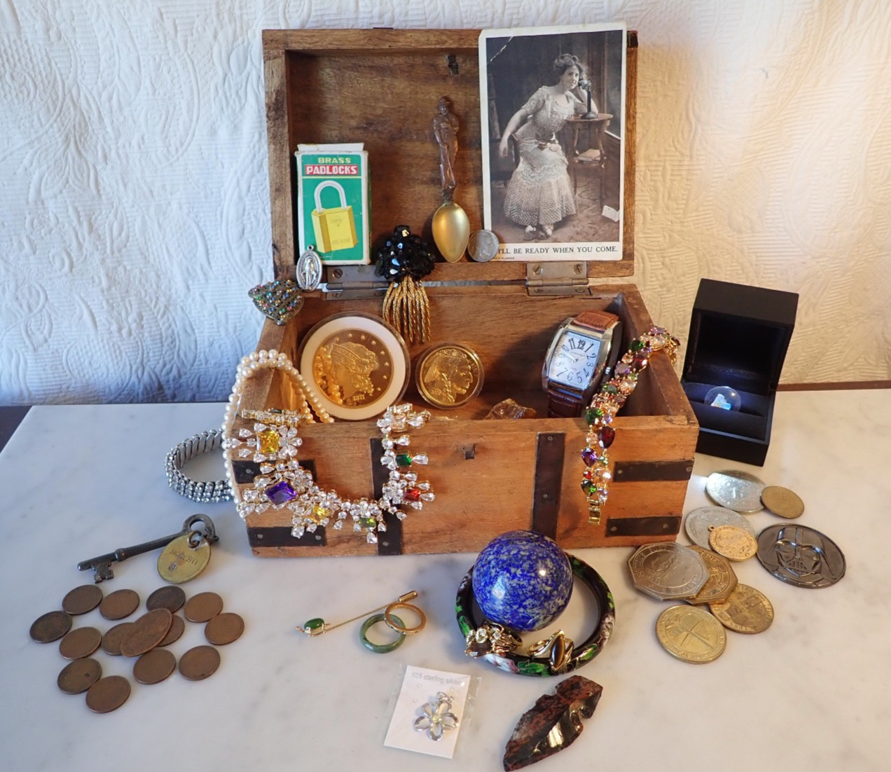 Old Junk Drawer Box Lot Sterling Silver Jewelry Treasure Vintage Coins Watch Etc Old Junk Drawer Box Lot Sterling Silver Jewelry Treasure Vintage Coins Watch Etc