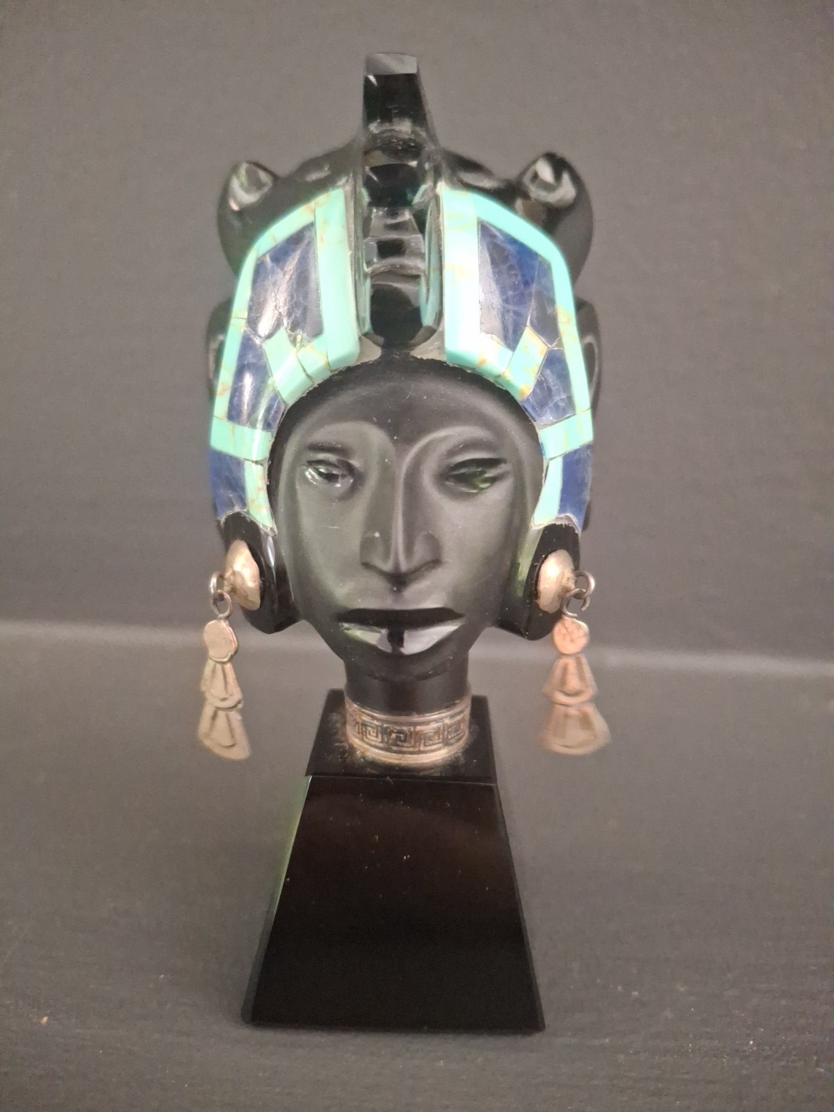 Vintage Hand Carved Obsidian Mayan Sculpture Sterling Turquoise Lapis Rare