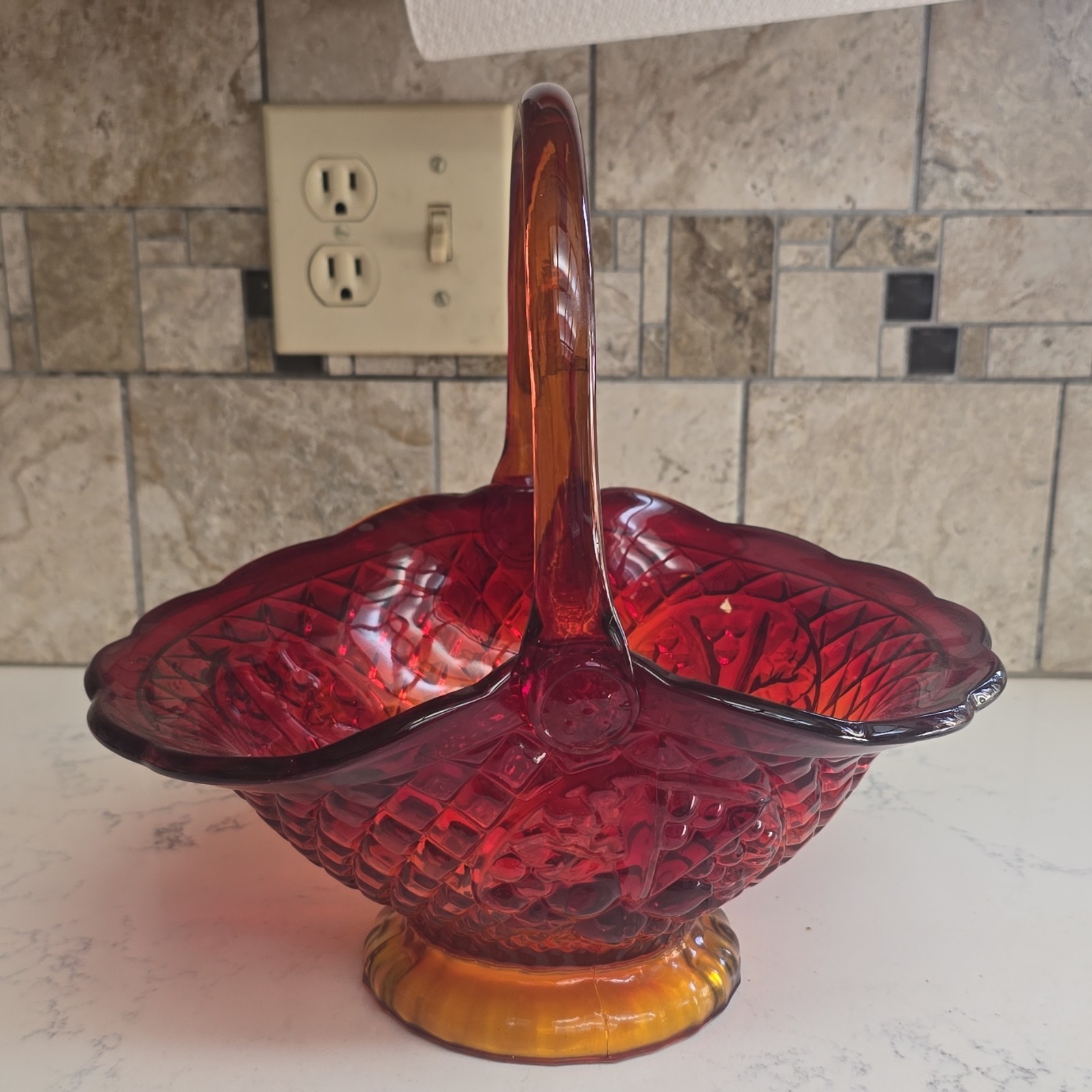HUGE Vintage Large Indiana Amberina Red Orange Glass Basket HUGE Vintage Large Indiana Amberina Red Orange Glass Basket