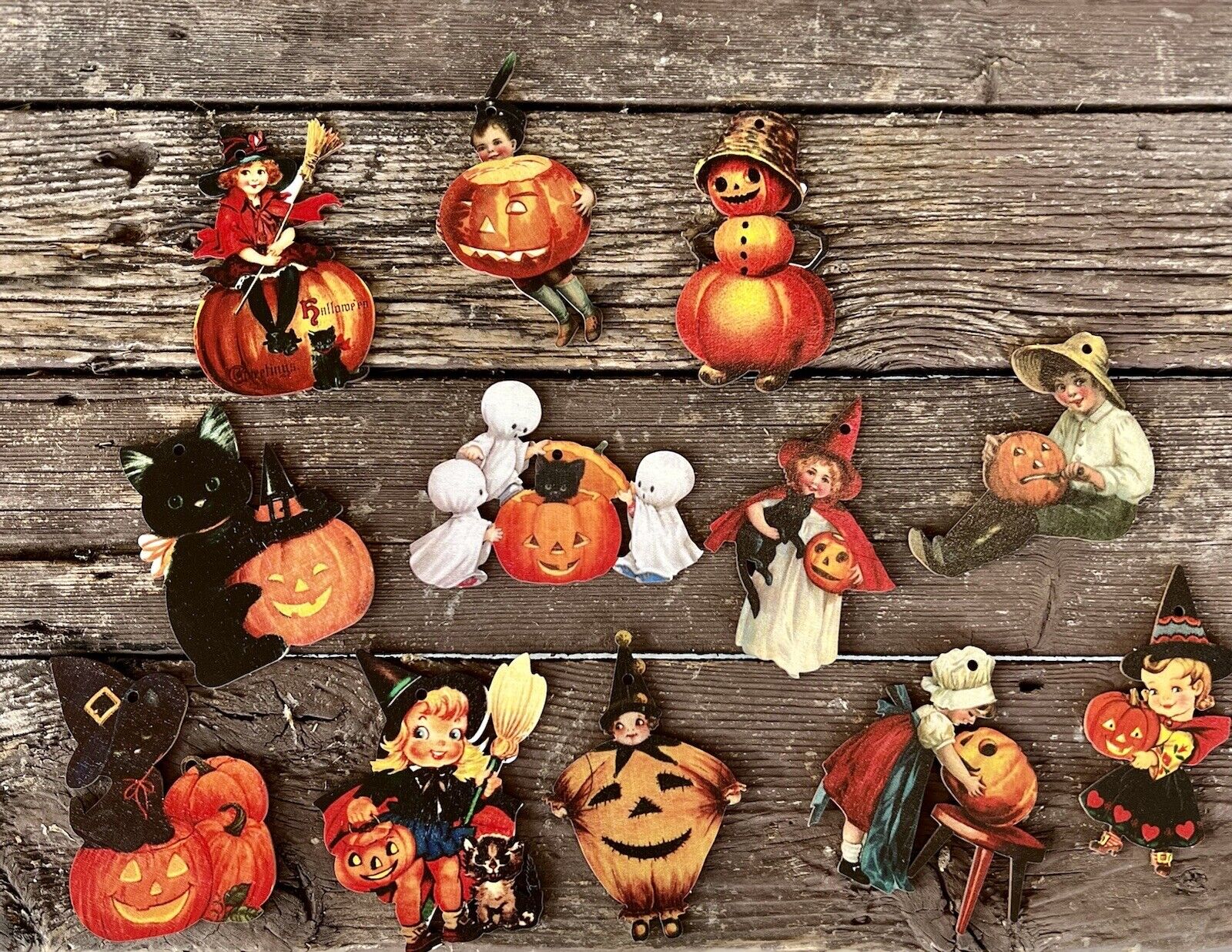 HALLOWEEN Unique “Vintage Style” Wooden Ornaments Set Of 12 Individual Ornaments