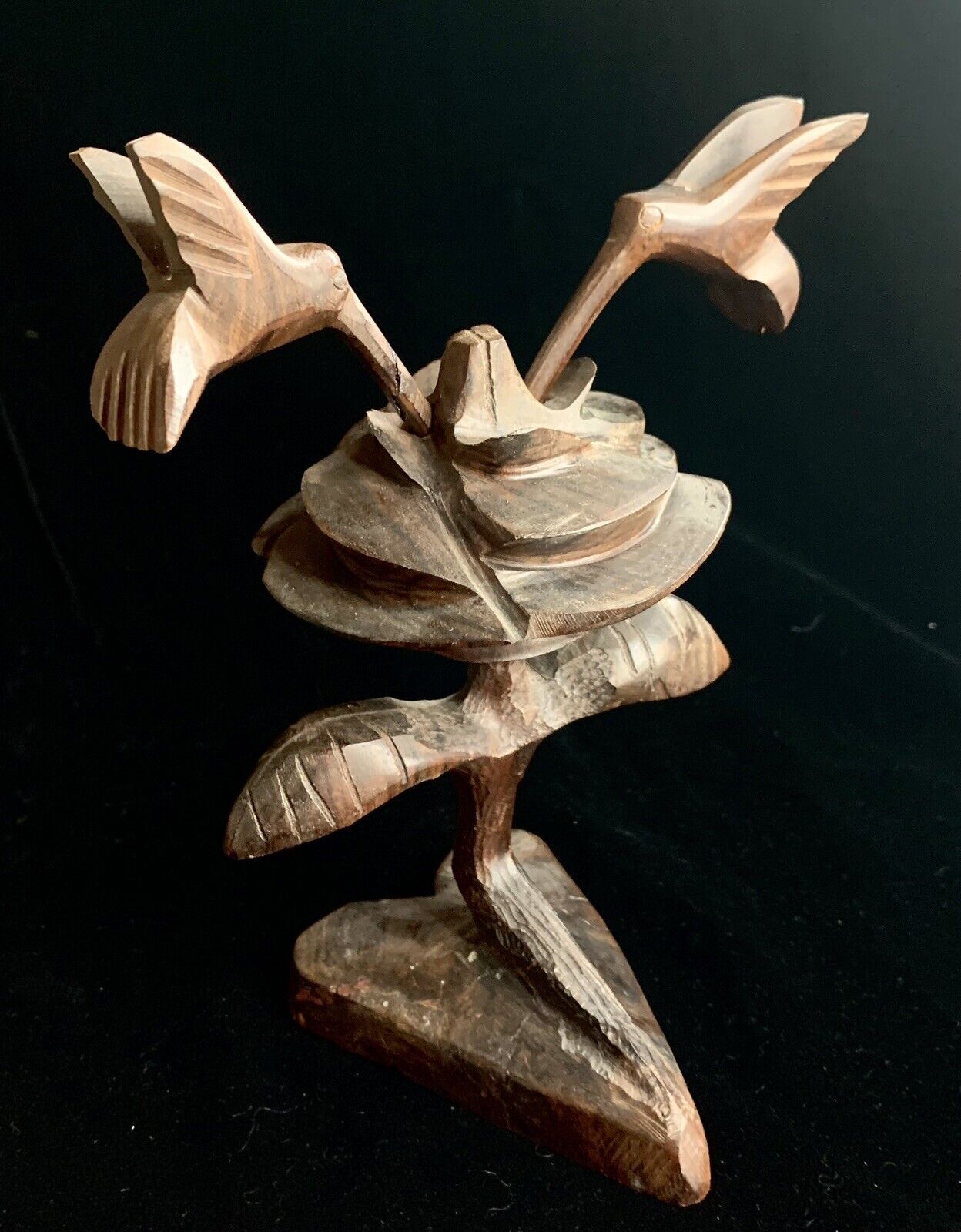 Hand Carved Dark Walnut Hummingbirds Flower Feeding Nectar Heart Base Sculpture