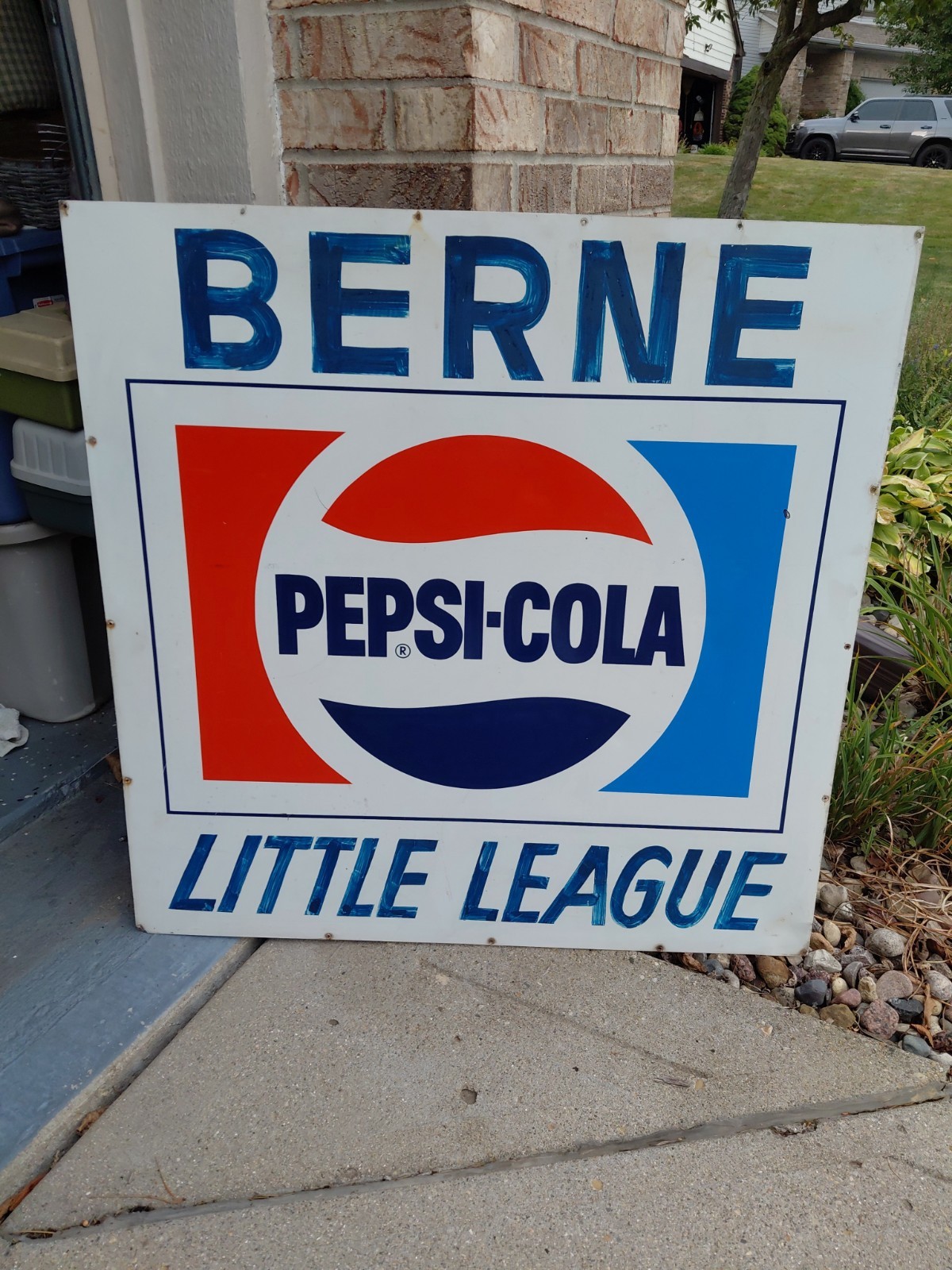 c.1960s Original Vintage Pepsi Cola Sign Metal Berne Little League Indiana RARE