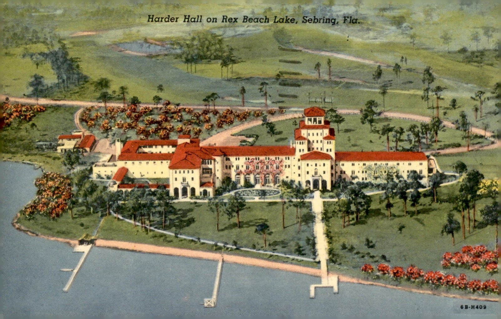 Harder Hall on Rex Beach Lake, Sebring, Fla. 1957 Postcard Harder Hall on Rex Beach Lake, Sebring, Fla. 1957 Postcard