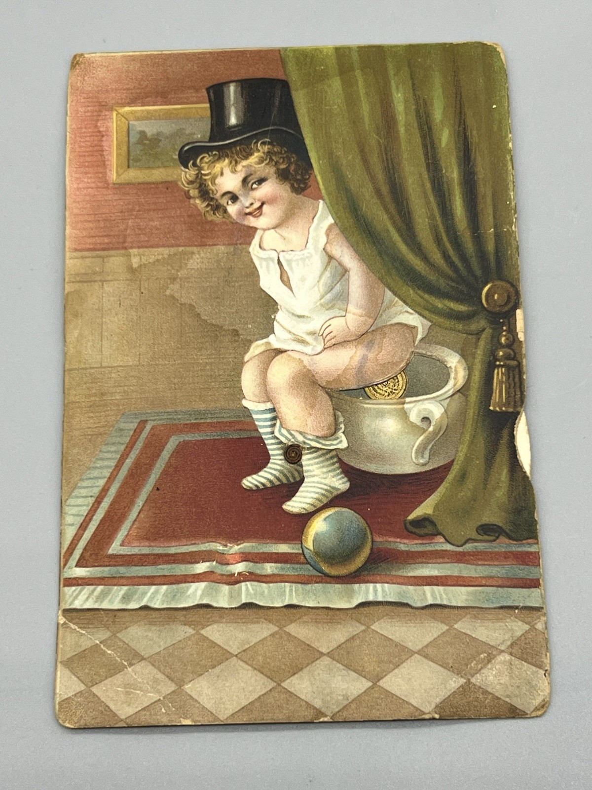 Antique Victorian Novelty Paper Card Girl on the Pot Revolving Spinner & Coins