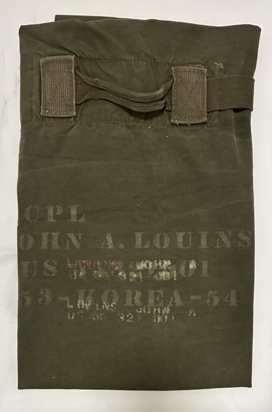 Korean War US Army Duffle Bag Named CPL John A Lounis 55321001 Korea 1953-54 Korean War US Army Duffle Bag Named CPL John A Lounis 55321001 Korea 1953-54