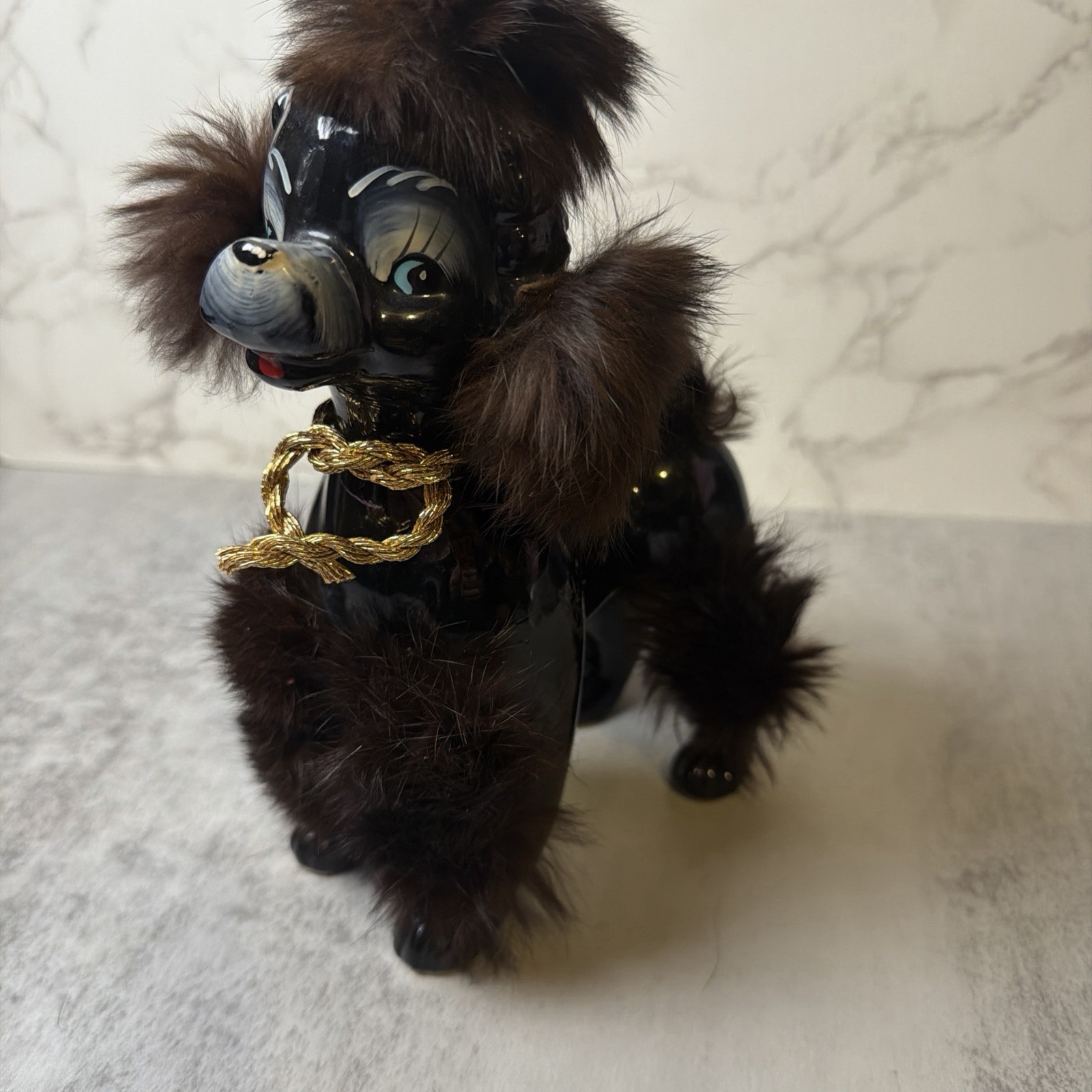Vintage MCM Ceramic Faux Fur & Black Brown Poodle Dog Figurine 8” Handpainted Vintage MCM Ceramic Faux Fur & Black Brown Poodle Dog Figurine 8” Handpainted