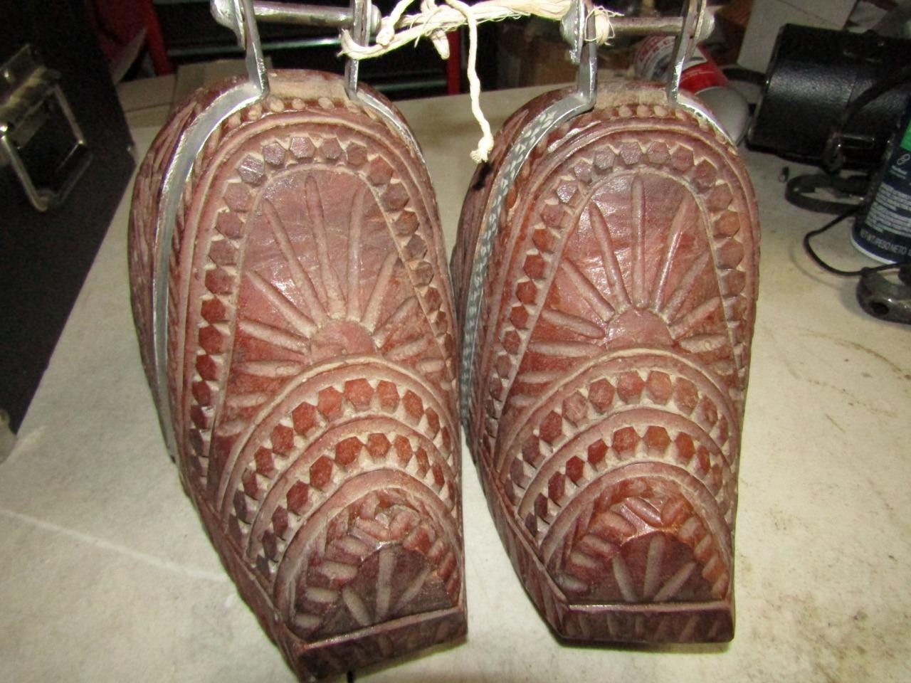 Antique 19th c. Chilean Huaso Horse Estribos Stirrups - Carved Wood metal Inlay