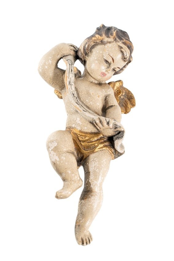 18th C Antique Italian Carved Polychrome Giltwood Cherub Putto Angel Sculpture 18th C Antique Italian Carved Polychrome Giltwood Cherub Putto Angel Sculpture
