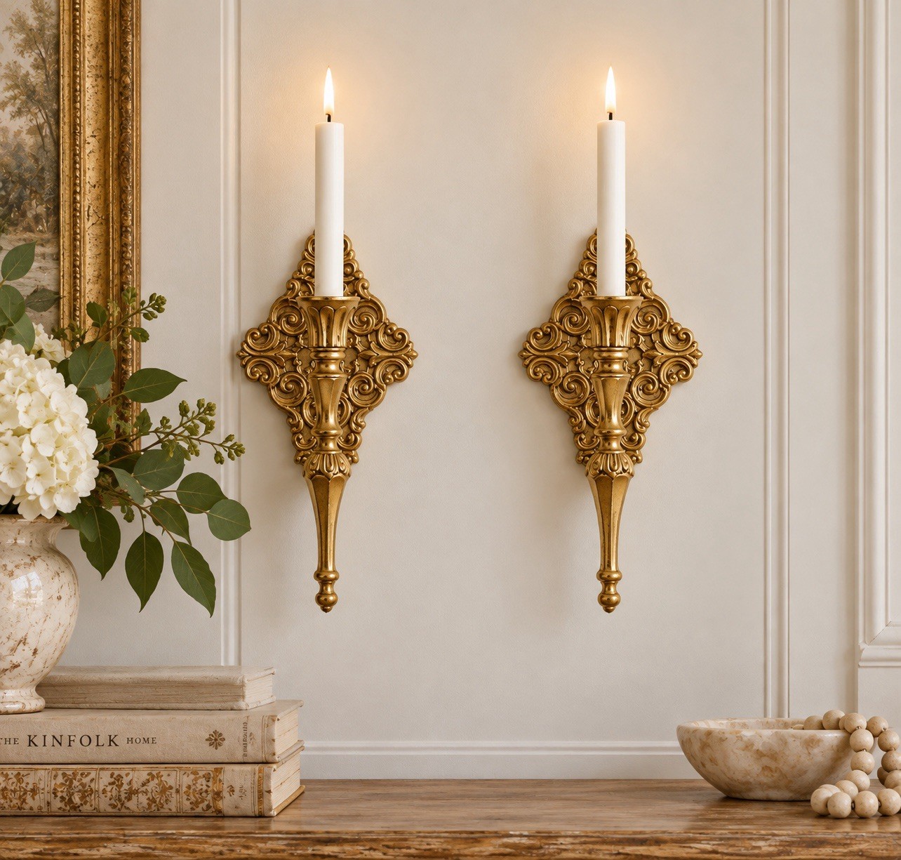 Pair Of VTG Antique Gold Iron Taper Candle Wall Sconces Hollywood Regency 10.5”