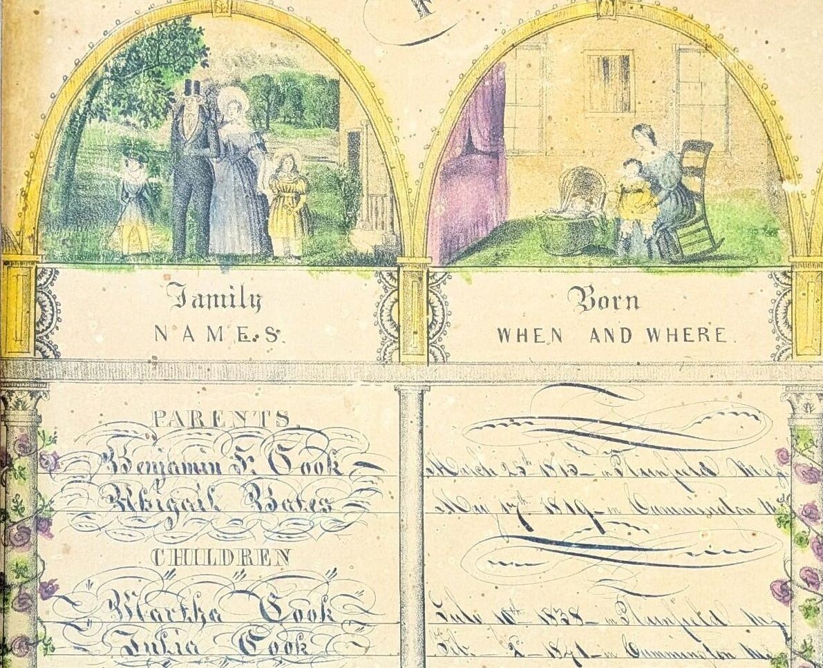 Antique 19thC Watercolor & Cook Family Genealogy, Plainfield MA Antique 19thC Watercolor & Cook Family Genealogy, Plainfield MA