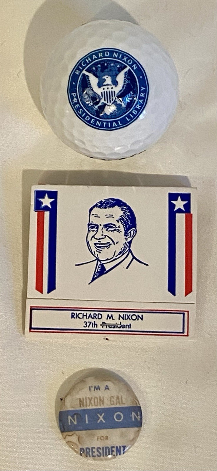 RICHARD NIXON 1968 RARE Pin, Commemorative Matchbook & Nixon Library Golf Ball