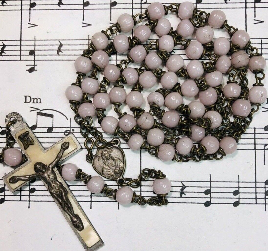 Antique/Vintage Rosary, N S Di Fatima, Pink Milk Glass, Cream Veneer Crucifix 