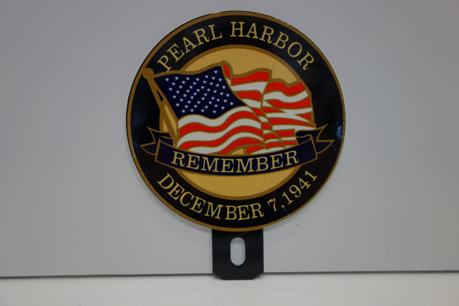REMEMBER PEARL HARBOR CLASSIC GOLD License Plate Topper 4" High by 3 1/2" Wide