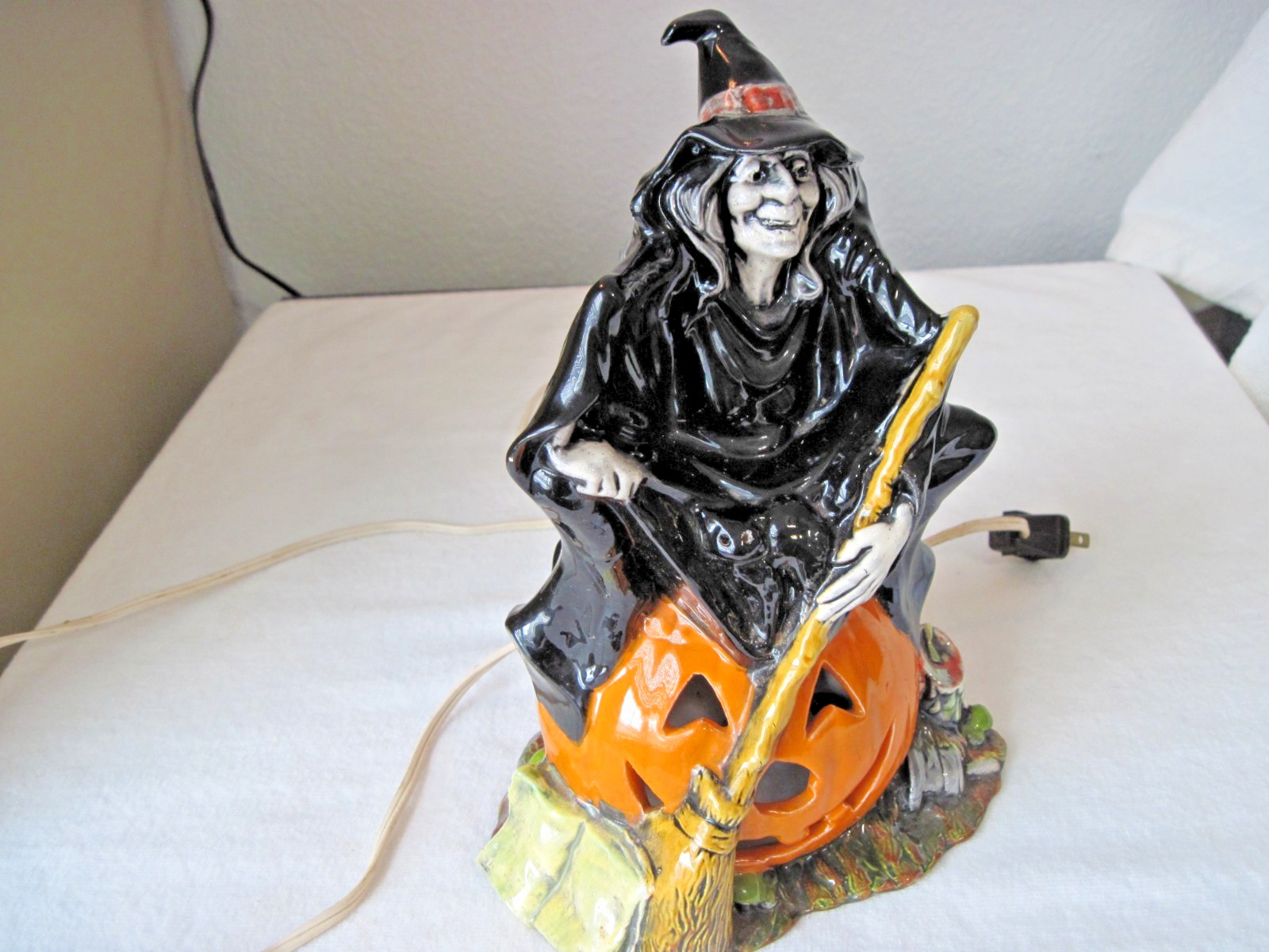 Vtg Ceramic Halloween 10" Witch with Hat Broom on Pumpkin Bryon Molds Lights Up Vtg Ceramic Halloween 10" Witch with Hat Broom on Pumpkin Bryon Molds Lights Up