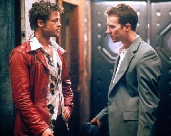 Fight Club Brad Pitt in red leather jacket faces Edward Norton 24x30 inch poster